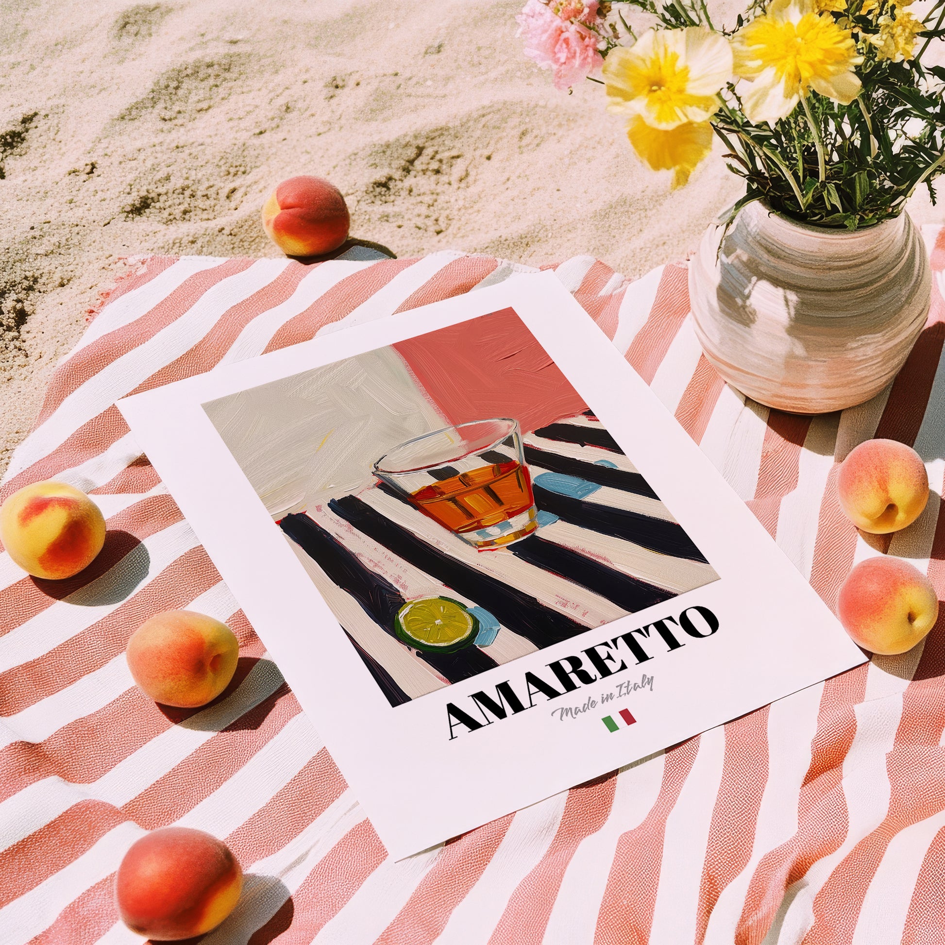 Amaretto – Italian Liqueur Drink, Sky Bar Print, unframed on coastal sand