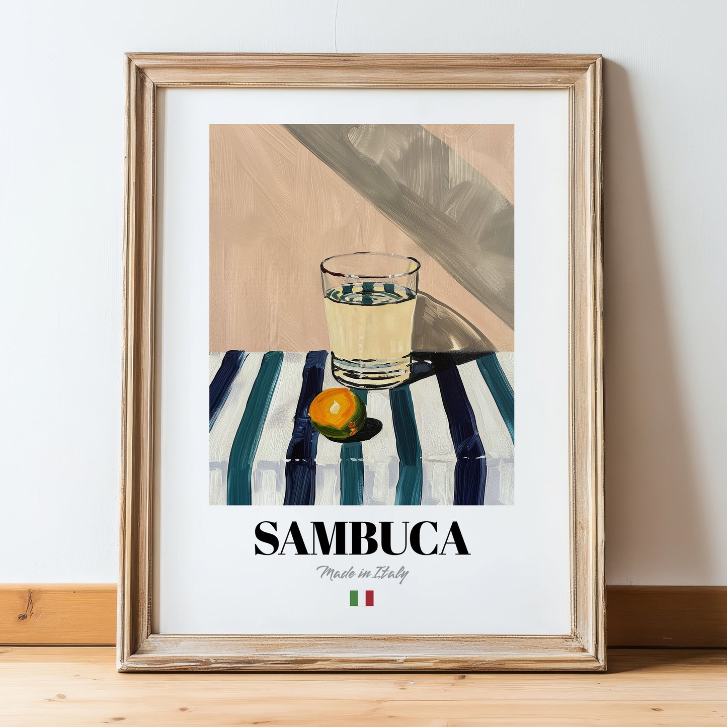 Sambuca – Italian Liqueur Drink, Cocktail Lounge Wall Decor, in wooden frame leaning on the floor