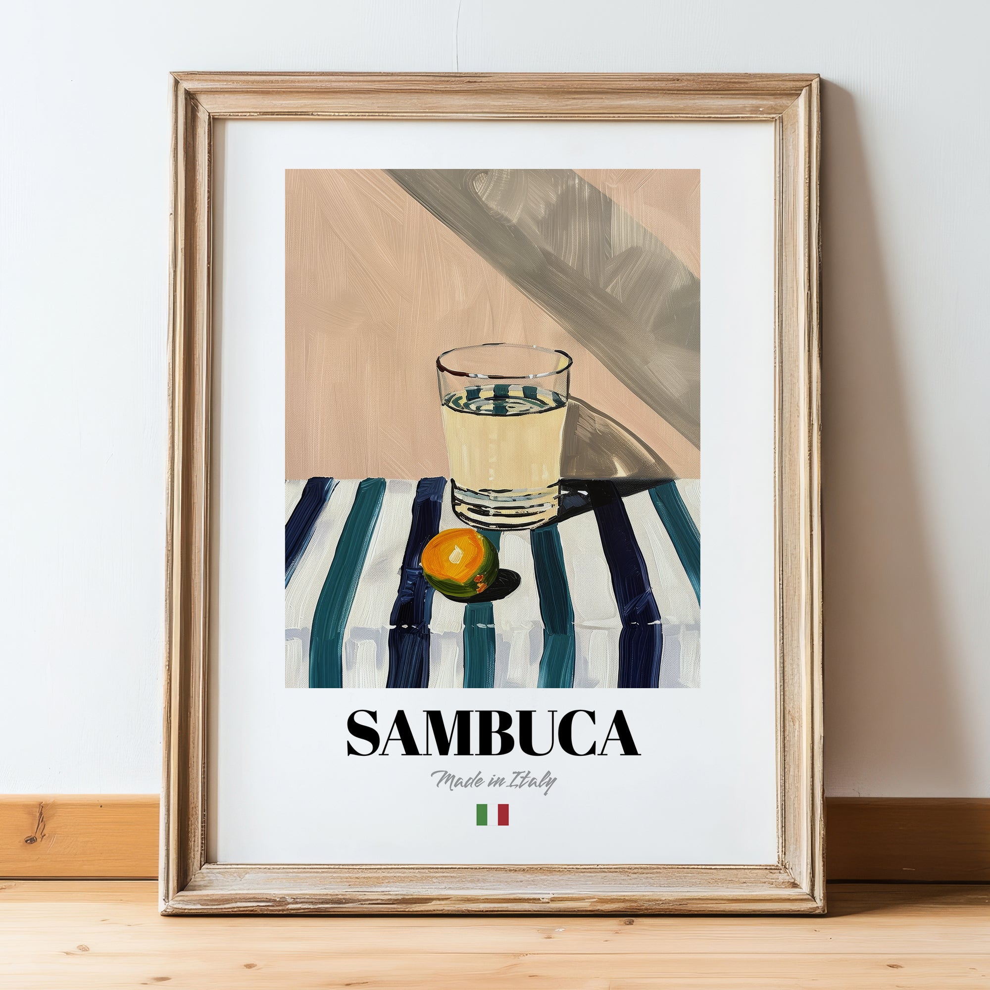 Sambuca – Italian Liqueur Drink, Cocktail Lounge Wall Decor, in wooden frame leaning on the floor