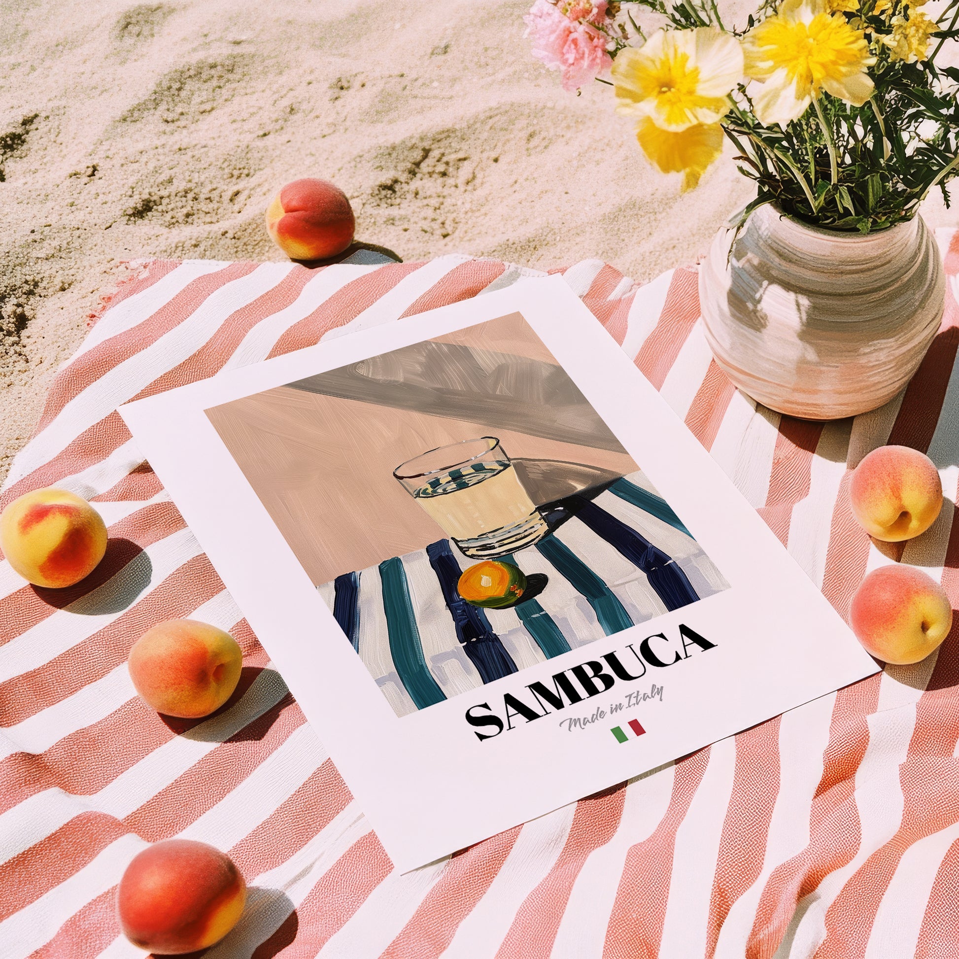 Sambuca – Italian Liqueur Drink, Cocktail Lounge Wall Decor, unframed on coastal sand