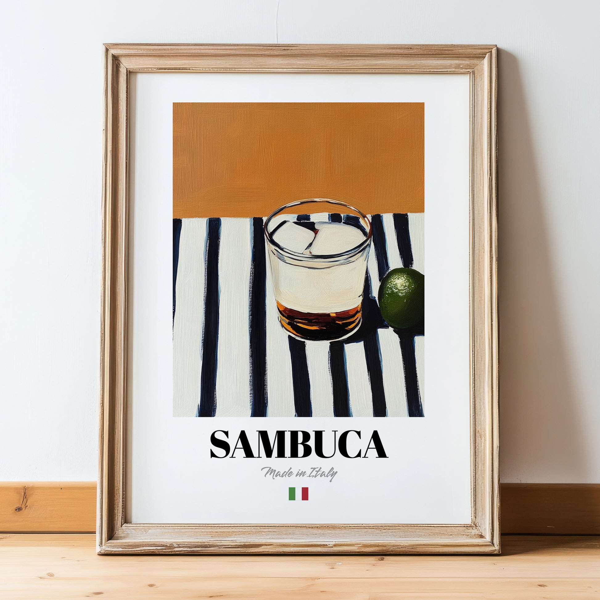Sambuca – Italian Liqueur Drink, Hotel Lobby Poster, in wooden frame leaning on the floor