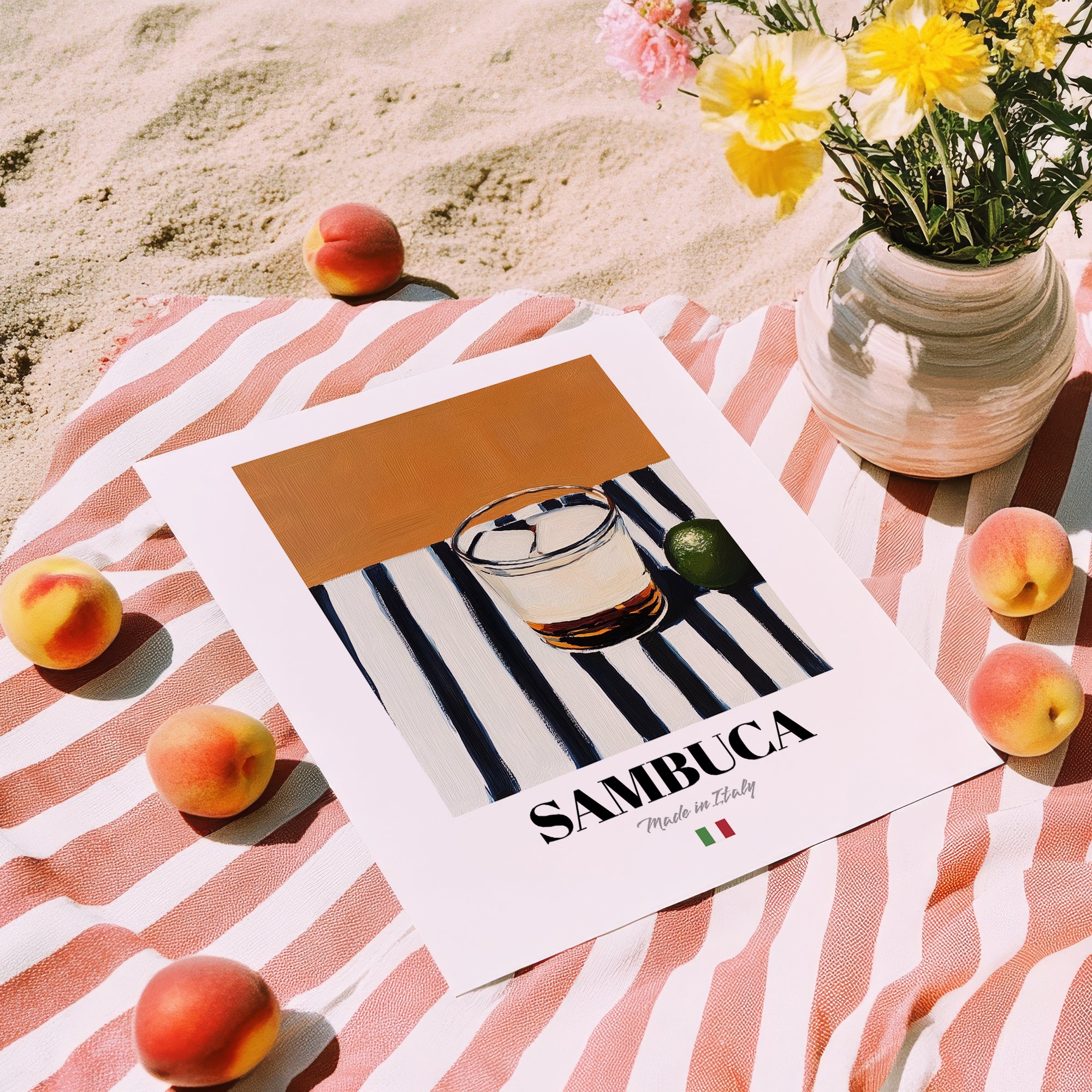 Sambuca – Italian Liqueur Drink, Hotel Lobby Poster, unframed on coastal sand