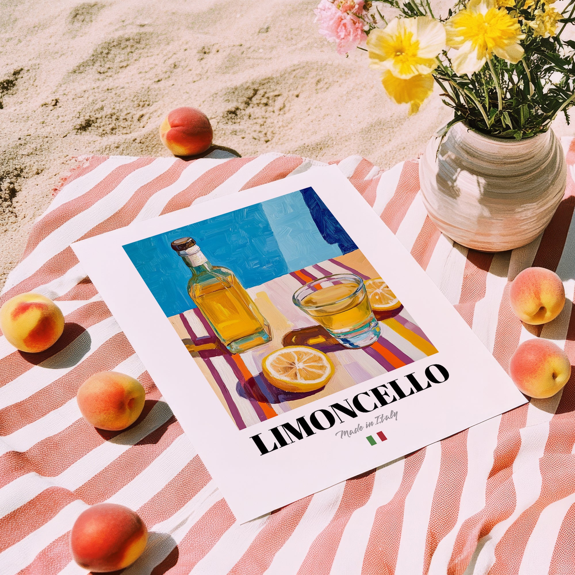 Limoncello – Italian Liqueur Drink, Rooftop Terrace Wall Art, unframed on coastal sand