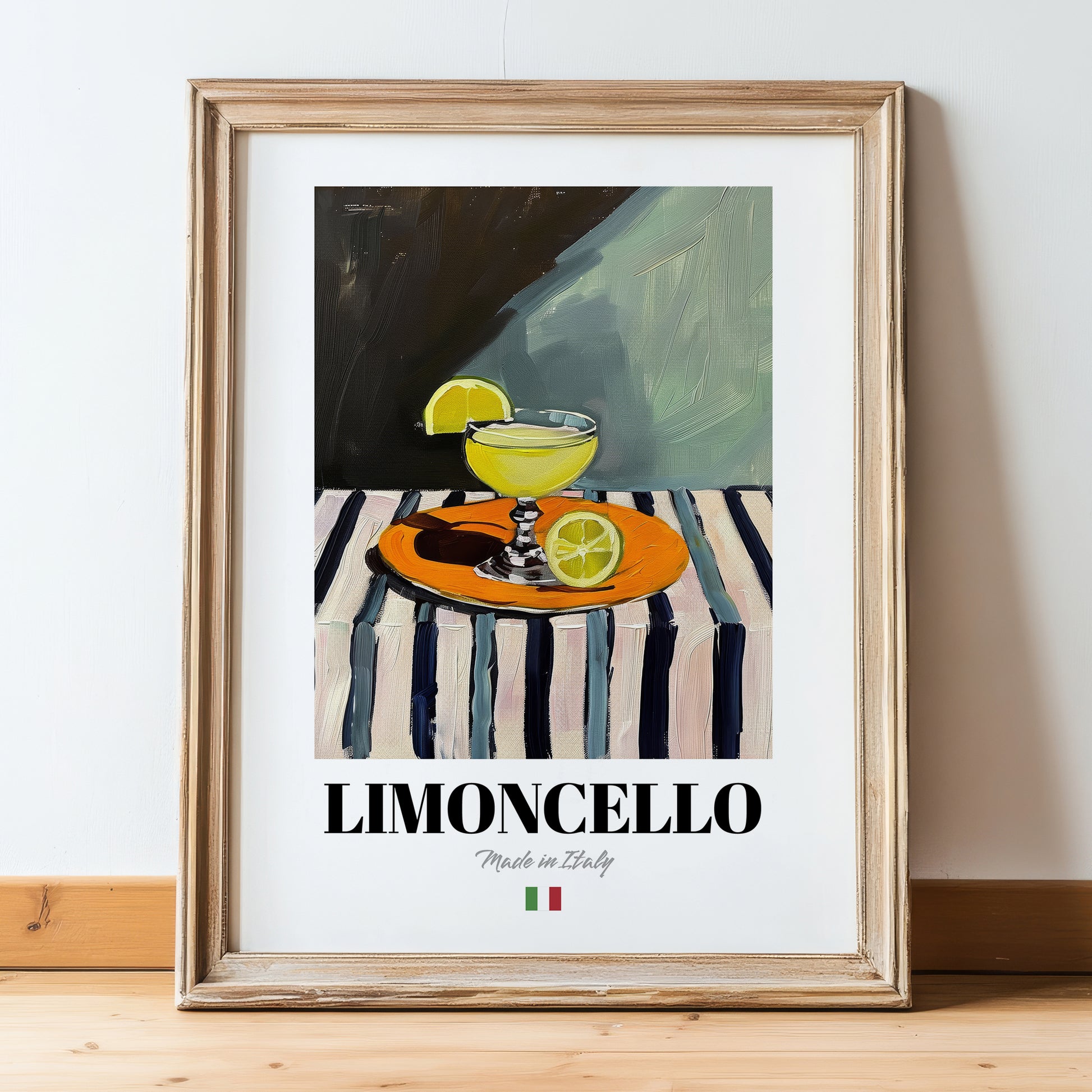 Limoncello – Italian Liqueur Drink, Cocktail Lounge Poster, in wooden frame leaning on the floor