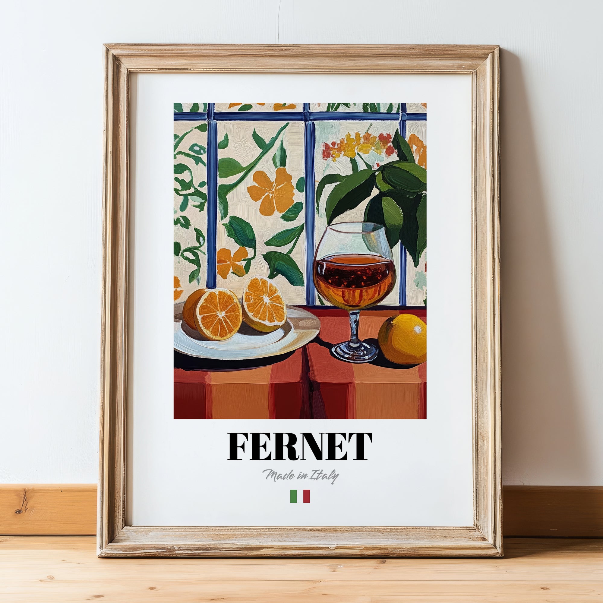 Fernet – Italian Liqueur Drink, Hotel Lobby Print, in wooden frame leaning on the floor