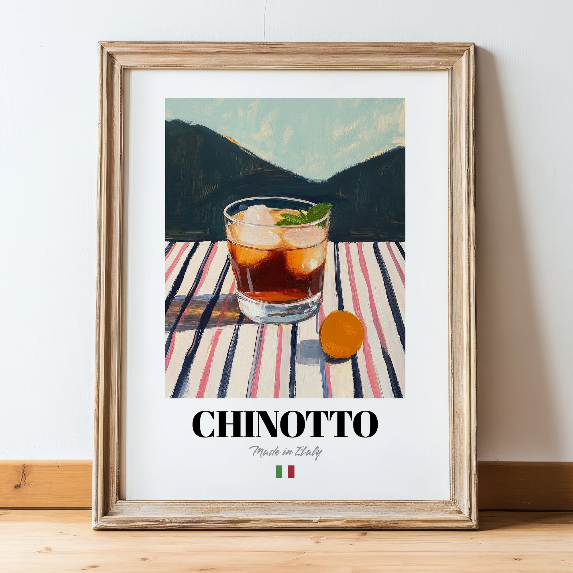 Chinotto – Italian Beverage Drink, Cocktail Lounge Poster, in wooden frame leaning on the floor