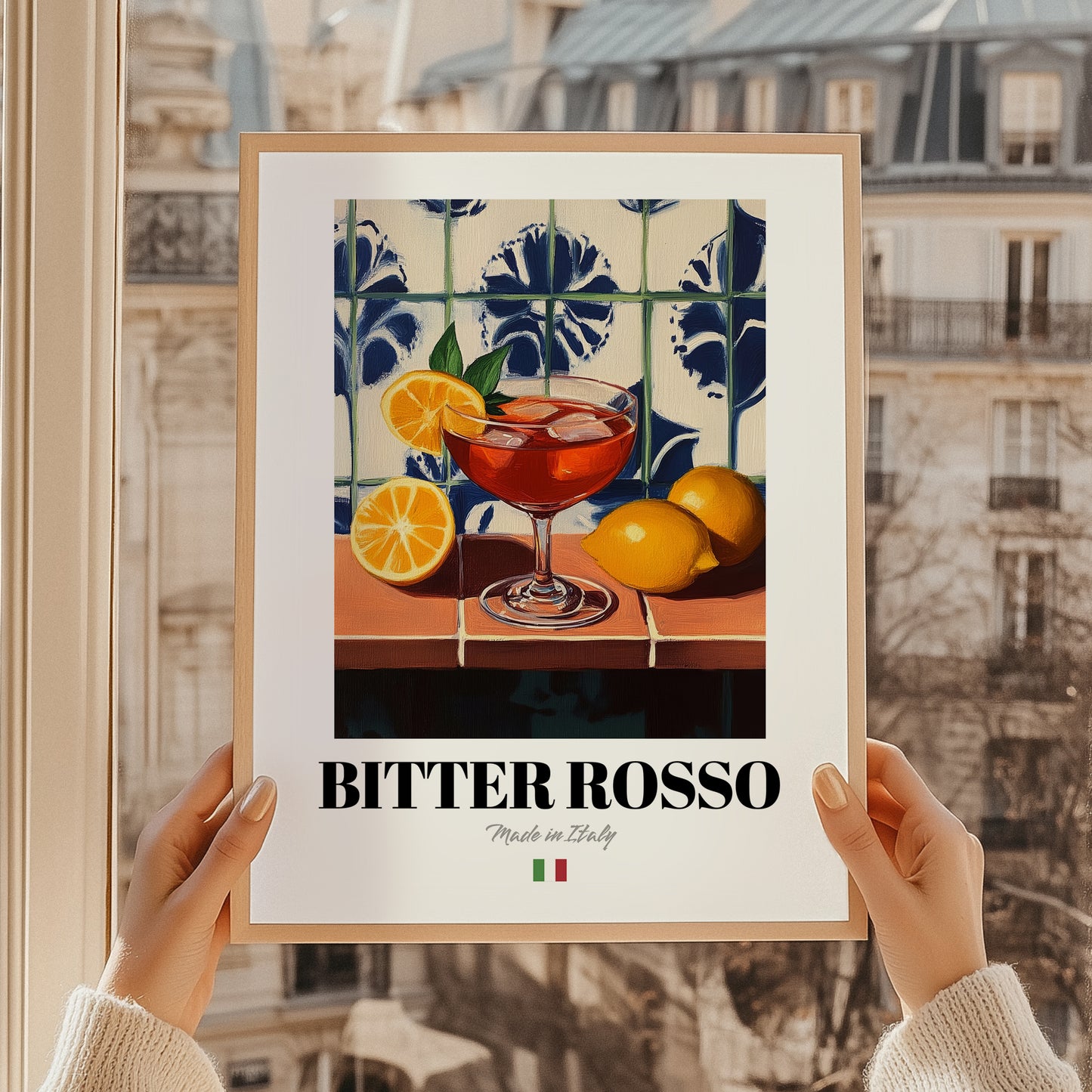 Bitter Rosso – Italian Cocktail Drink, Beach Bar Wall Art, styled in a charming Paris street view