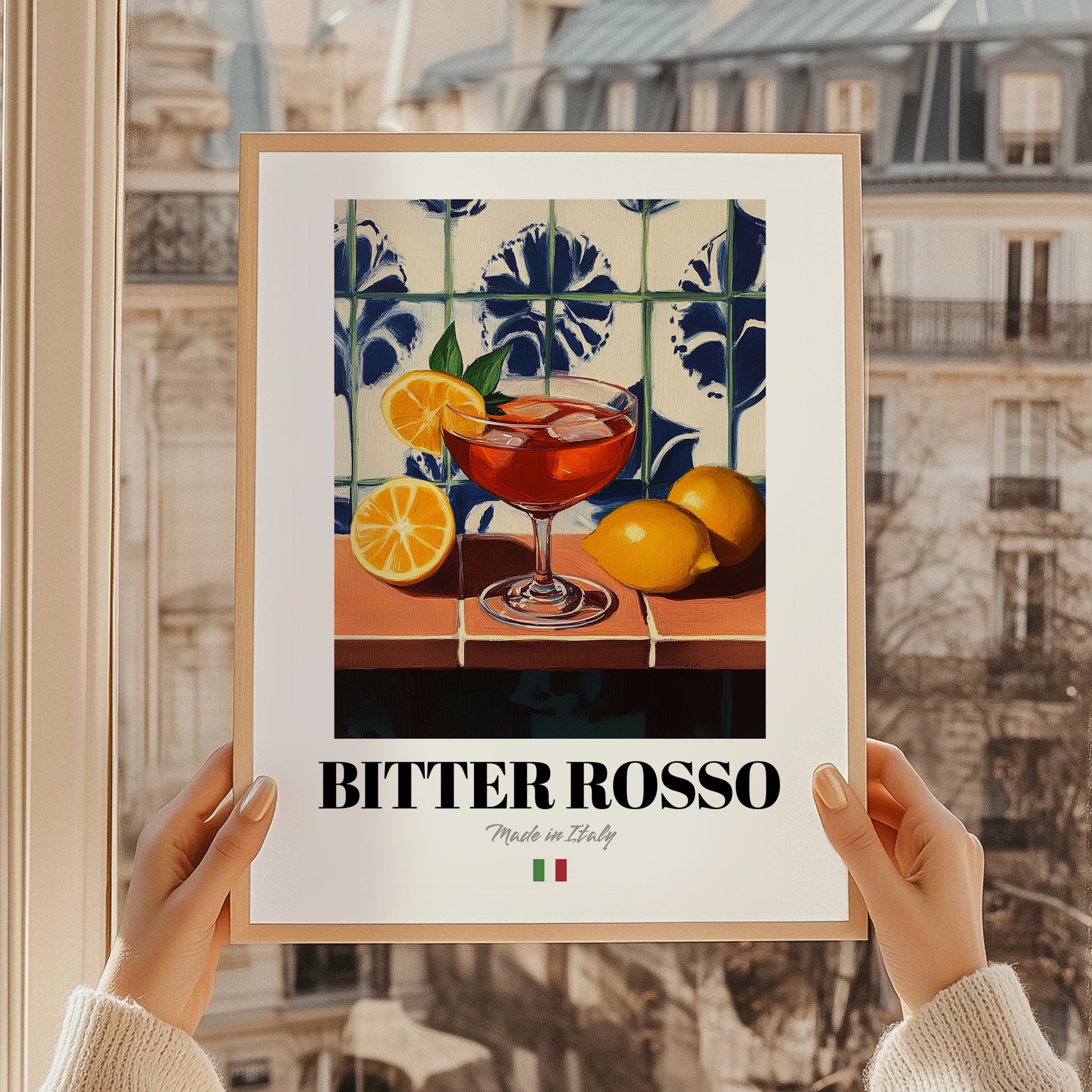 Bitter Rosso – Italian Cocktail Drink, Beach Bar Wall Art, styled in a charming Paris street view
