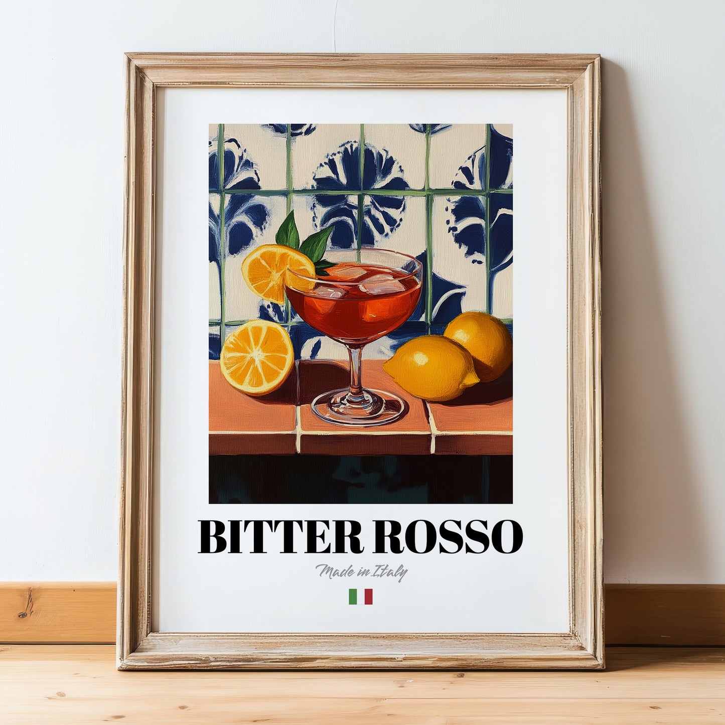 Bitter Rosso – Italian Cocktail Drink, Beach Bar Wall Art, in wooden frame leaning on the floor
