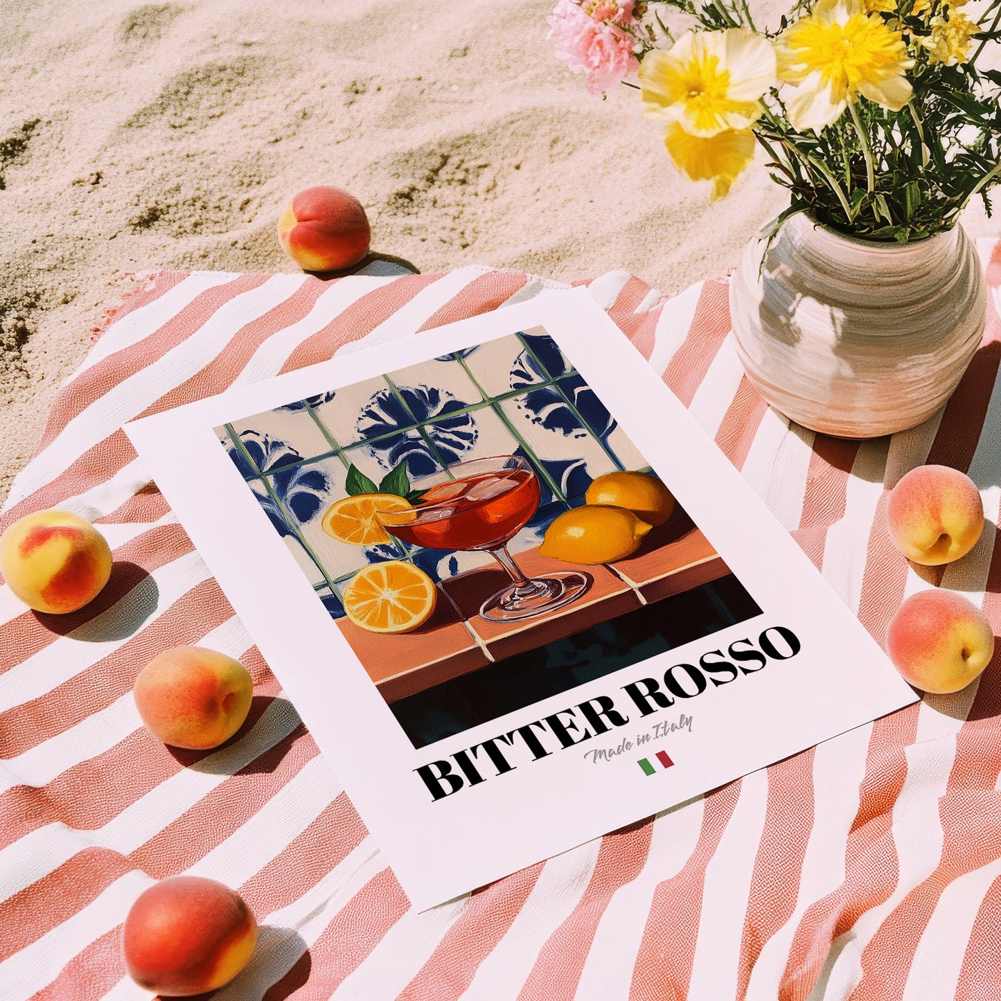 Bitter Rosso – Italian Cocktail Drink, Beach Bar Wall Art, unframed on coastal sand