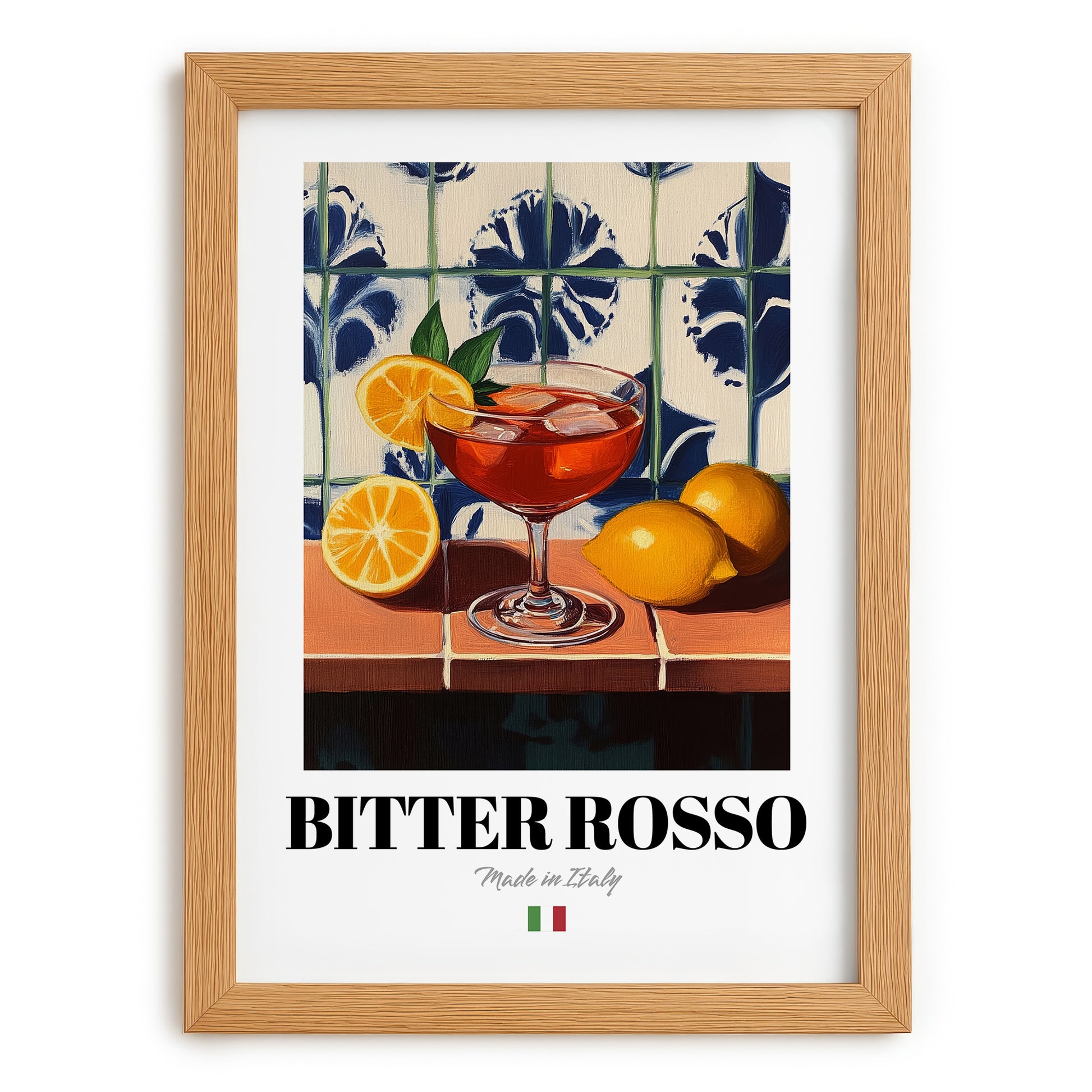 Bitter Rosso – Italian Cocktail Drink, Beach Bar Wall Art, set in oak frame