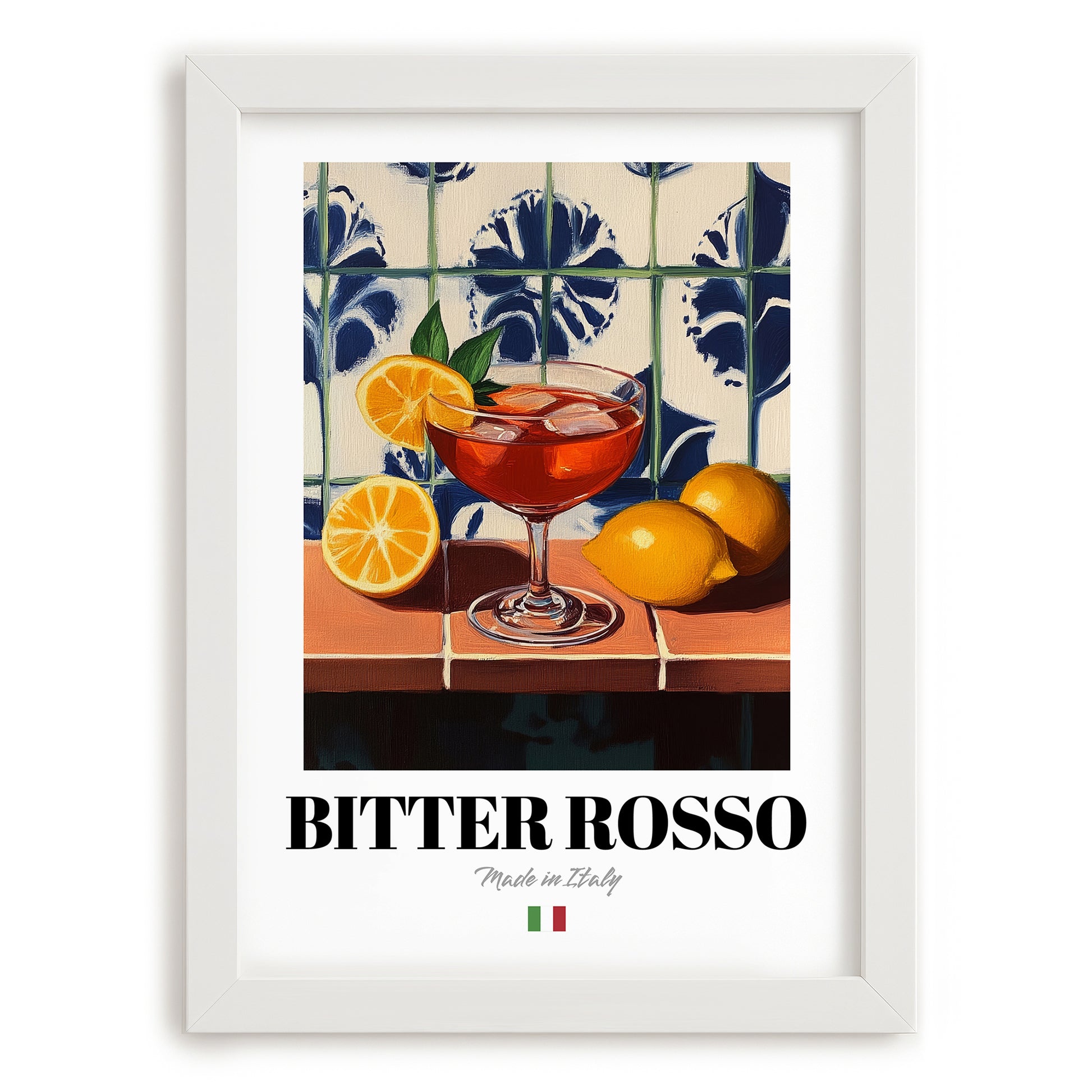 Bitter Rosso – Italian Cocktail Drink, Beach Bar Wall Art, placed in minimal white frame