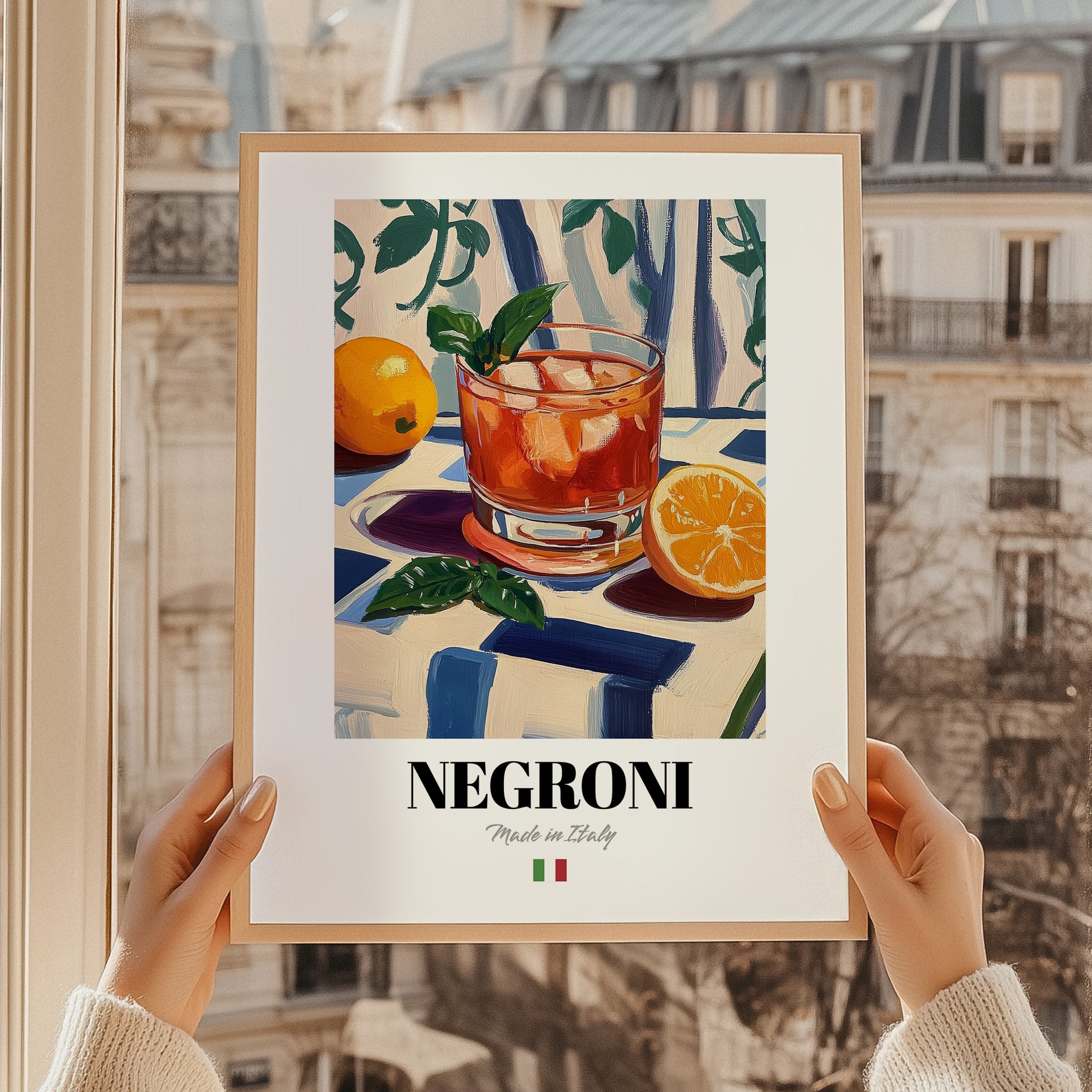 Negroni – Italian Cocktail Drink, Sky Bar Poster, styled in a charming Paris street view