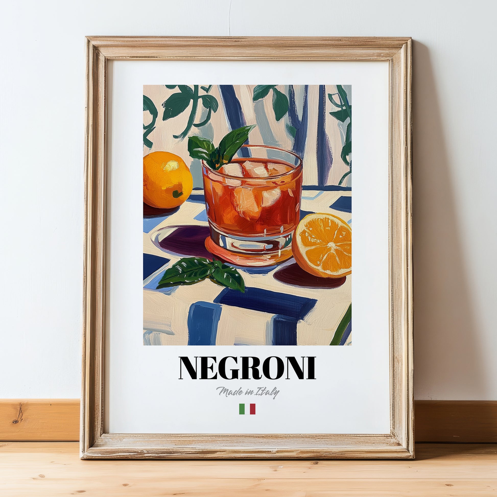 Negroni – Italian Cocktail Drink, Sky Bar Poster, in wooden frame leaning on the floor