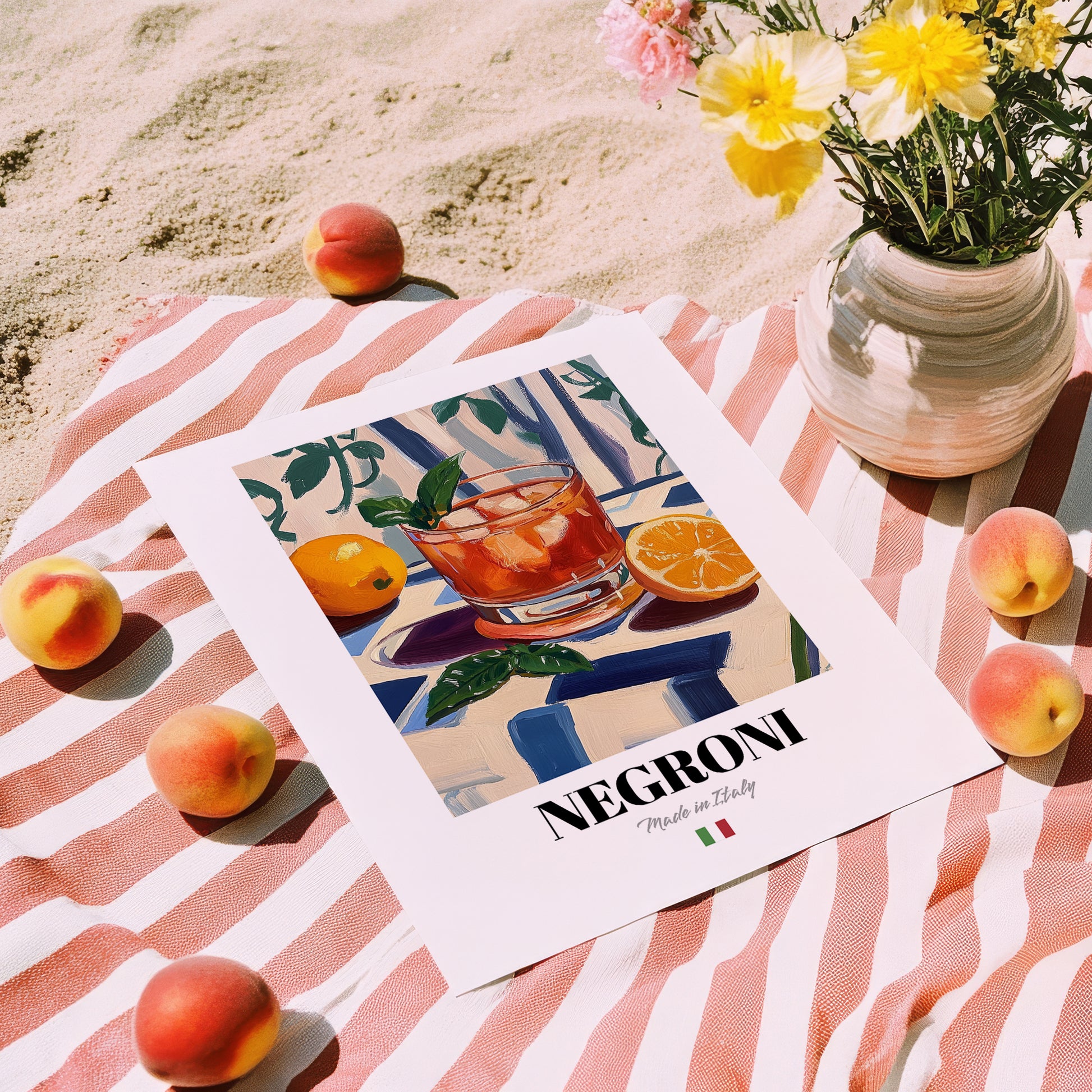 Negroni – Italian Cocktail Drink, Sky Bar Poster, unframed on coastal sand