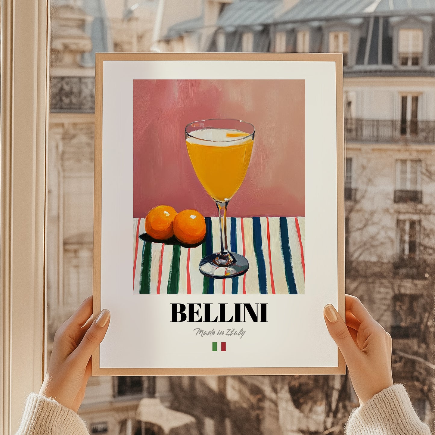 Bellini – Italian Cocktail Drink, Beach Bar Illustration, styled in a charming Paris street view