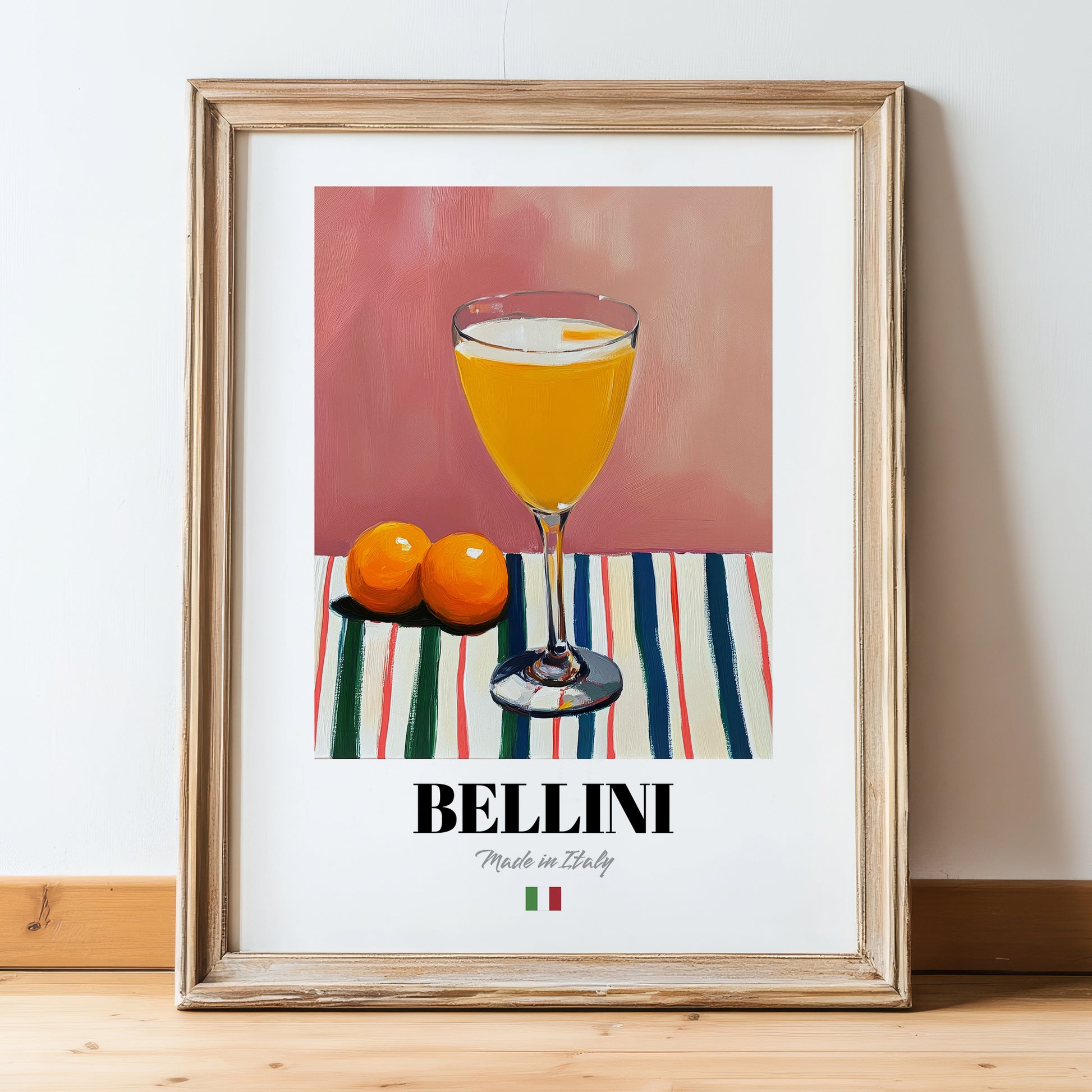 Bellini – Italian Cocktail Drink, Beach Bar Illustration, in wooden frame leaning on the floor