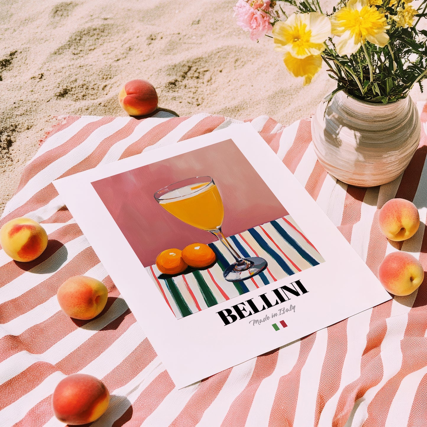 Bellini – Italian Cocktail Drink, Beach Bar Illustration, unframed on coastal sand