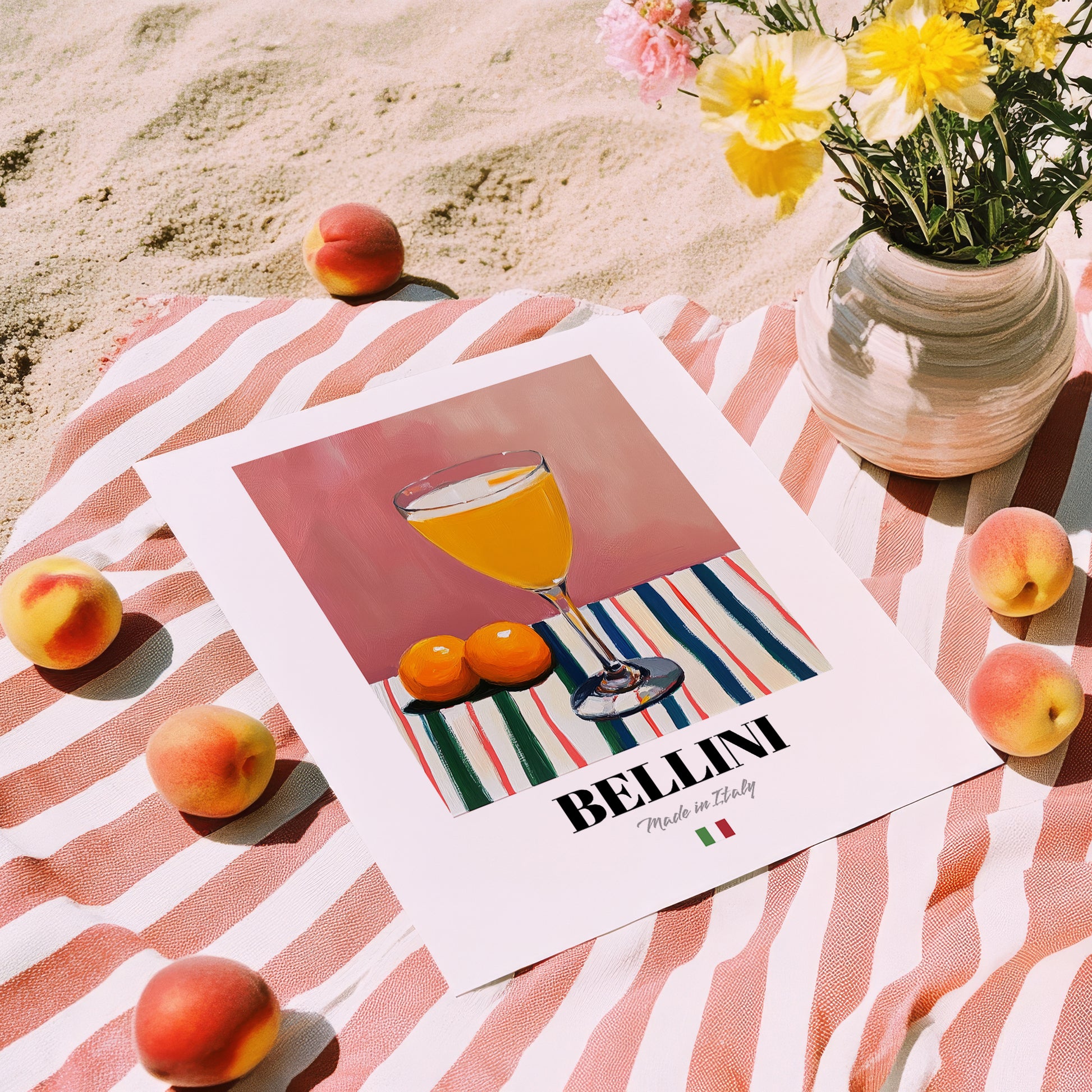 Bellini – Italian Cocktail Drink, Beach Bar Illustration, unframed on coastal sand