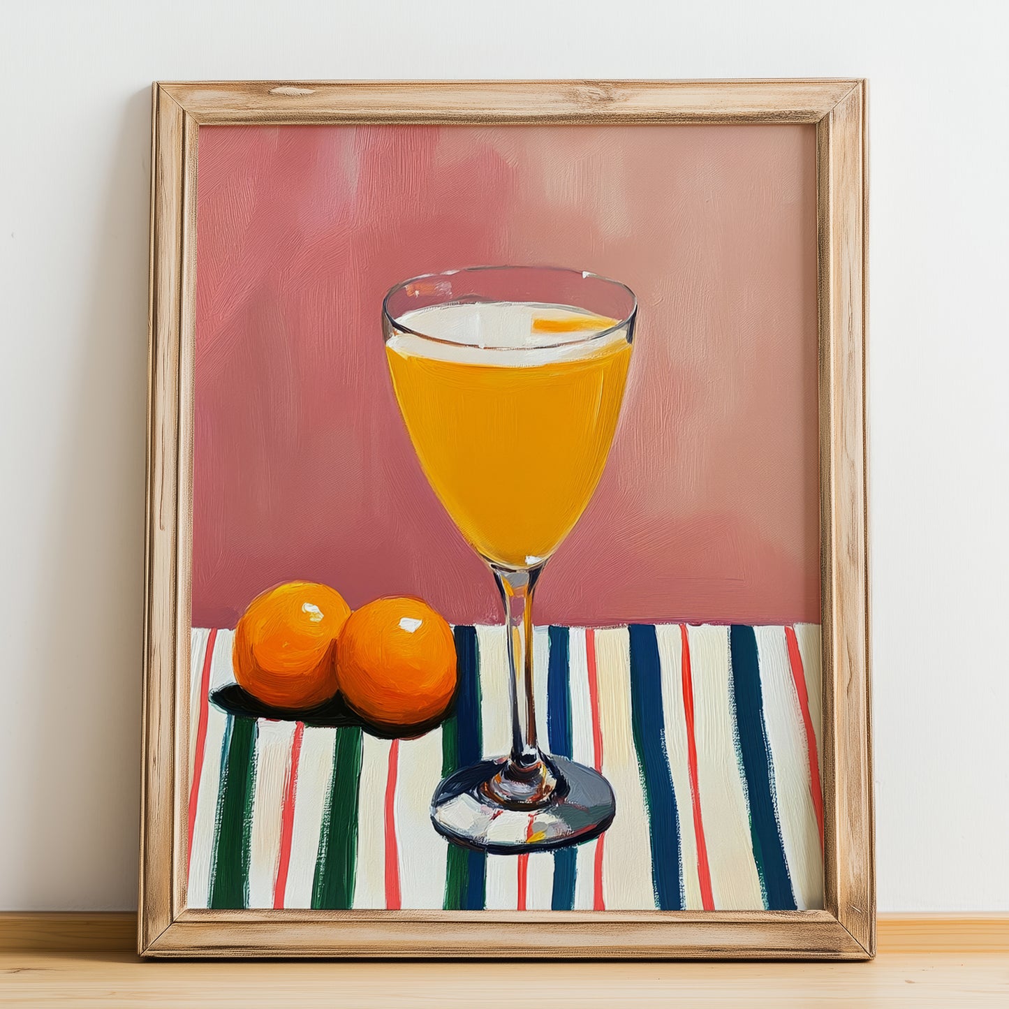 Bellini – Italian Cocktail Drink, Beach Bar Illustration, no-text version framed in wood