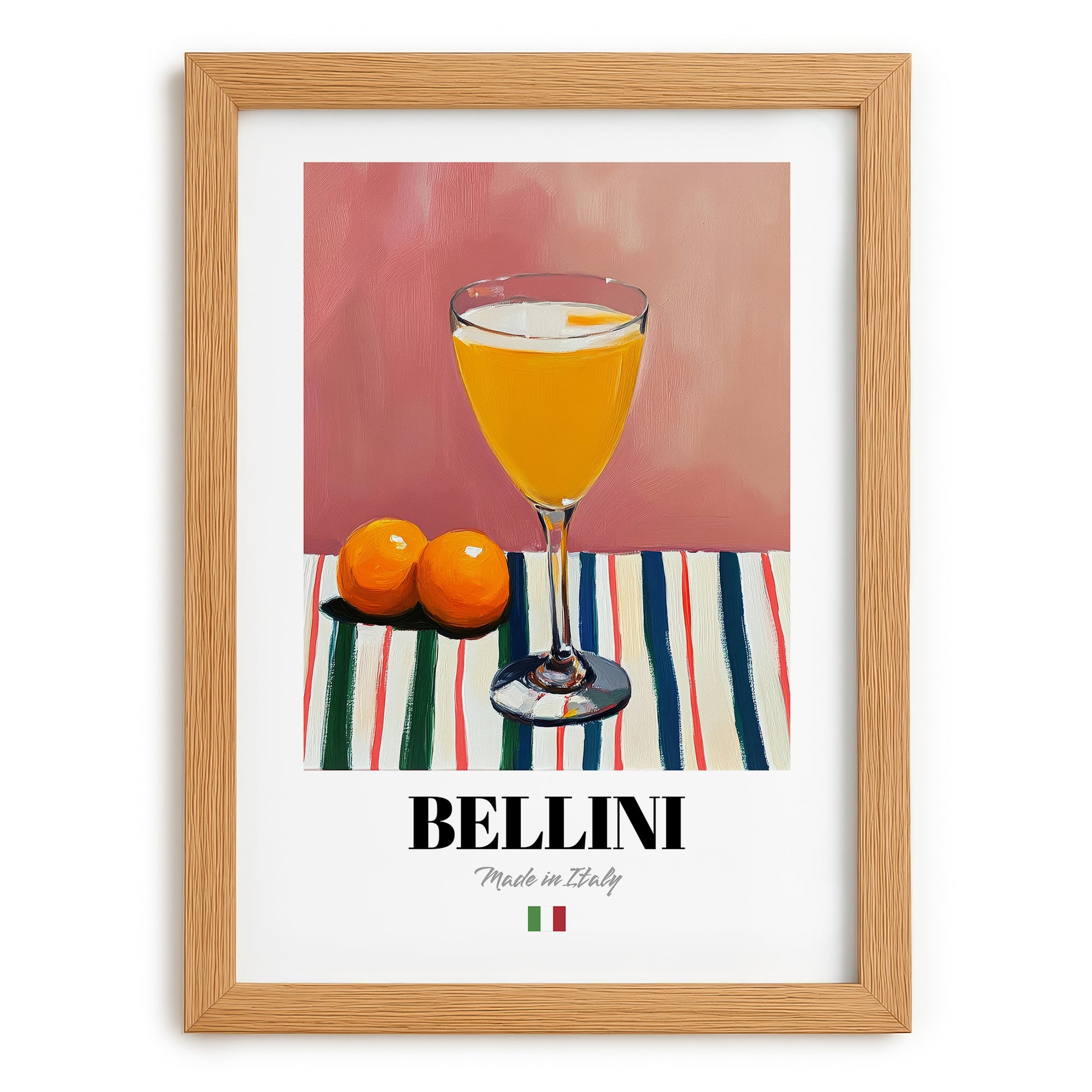 Bellini – Italian Cocktail Drink, Beach Bar Illustration, set in oak frame