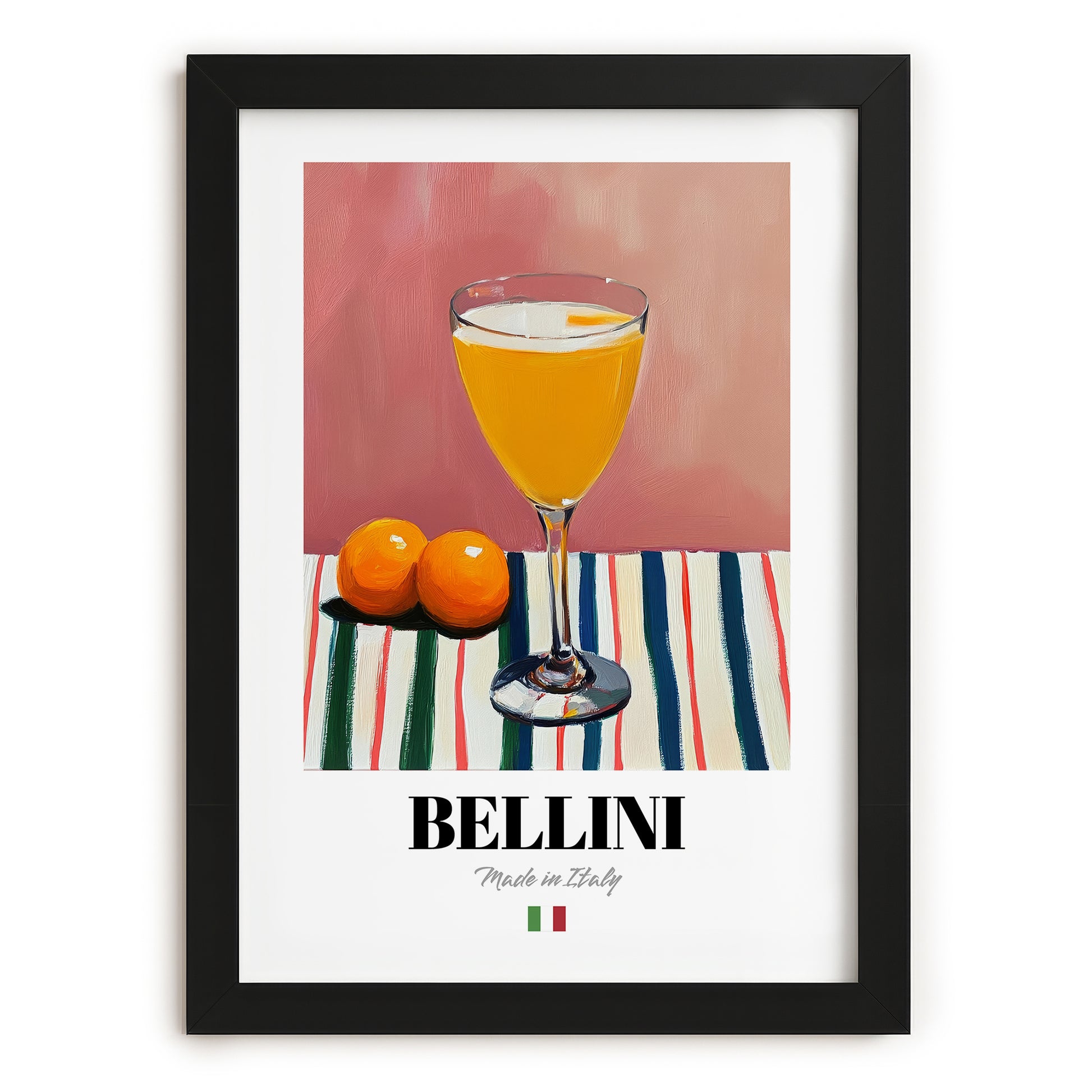 Bellini – Italian Cocktail Drink, Beach Bar Illustration, in sleek black frame