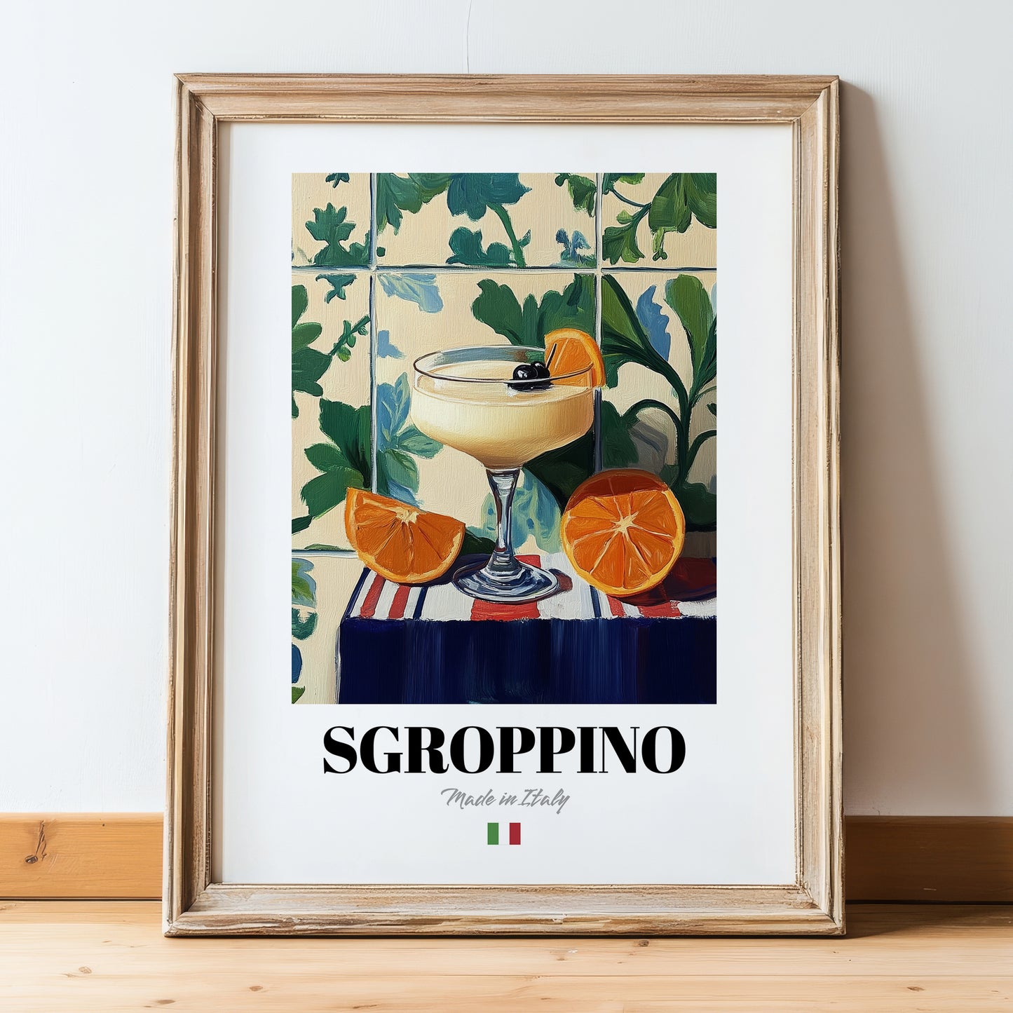 Sgroppino – Italian Cocktail Drink, Beach Bar Print, in wooden frame leaning on the floor