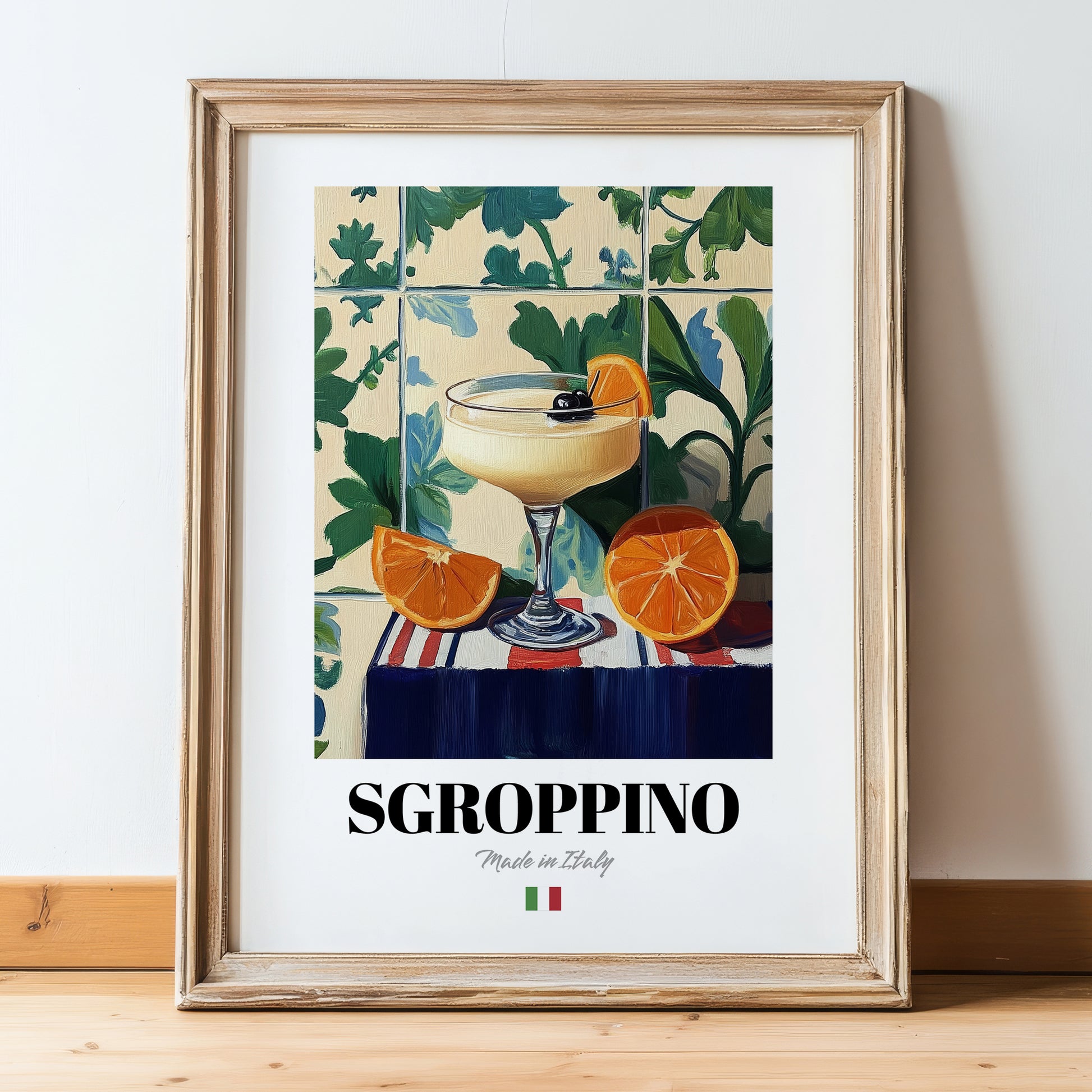 Sgroppino – Italian Cocktail Drink, Beach Bar Print, in wooden frame leaning on the floor