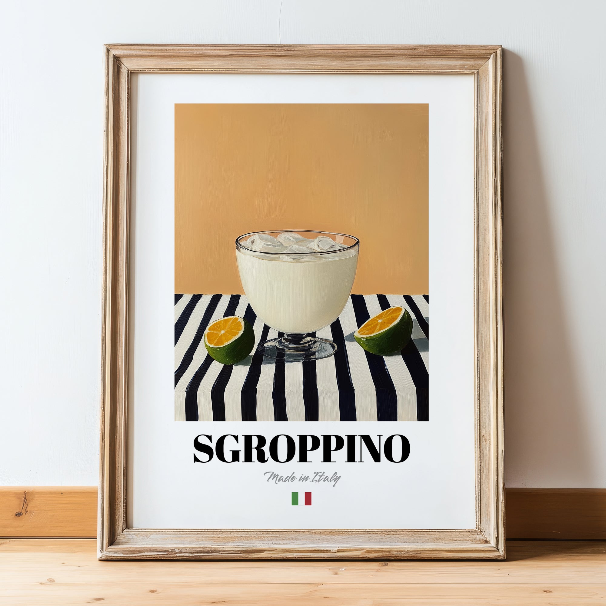 Sgroppino – Italian Cocktail Drink, Beach Bar Art, in wooden frame leaning on the floor