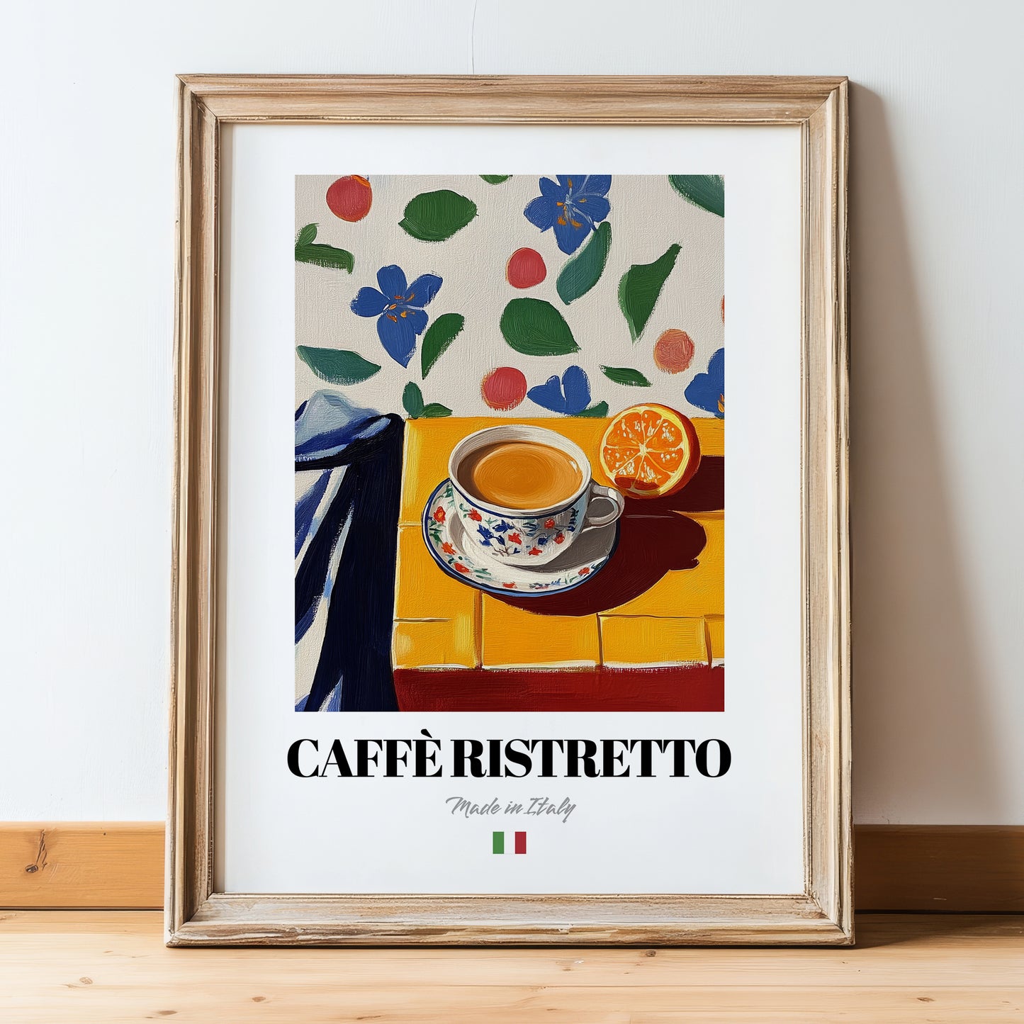 Caffè Ristretto – Italian Coffee, Street Café Poster, in wooden frame leaning on the floor
