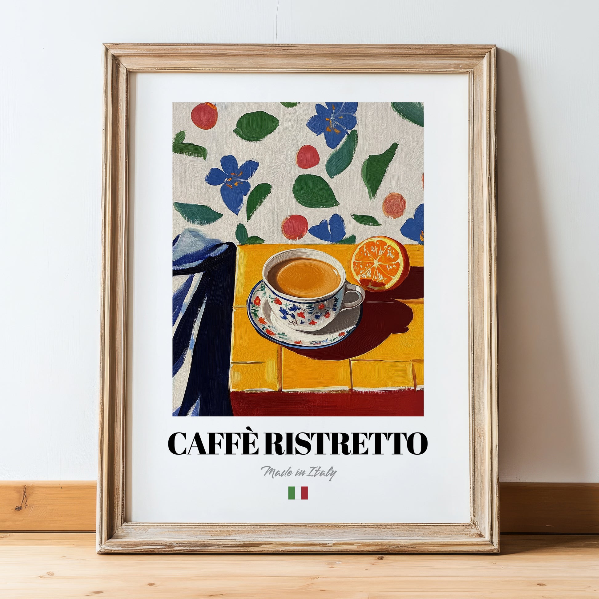 Caffè Ristretto – Italian Coffee, Street Café Poster, in wooden frame leaning on the floor