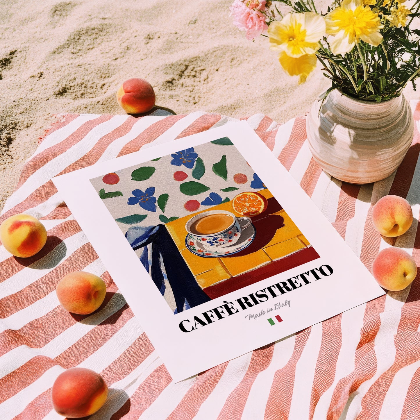 Caffè Ristretto – Italian Coffee, Street Café Poster, unframed on coastal sand