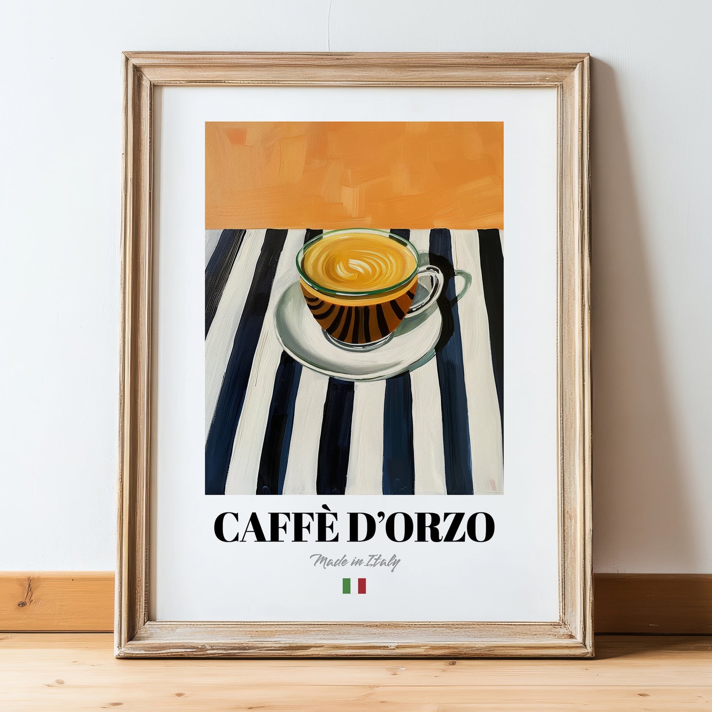 Caffè d'Orzo – Italian Coffee, Café Art, in wooden frame leaning on the floor
