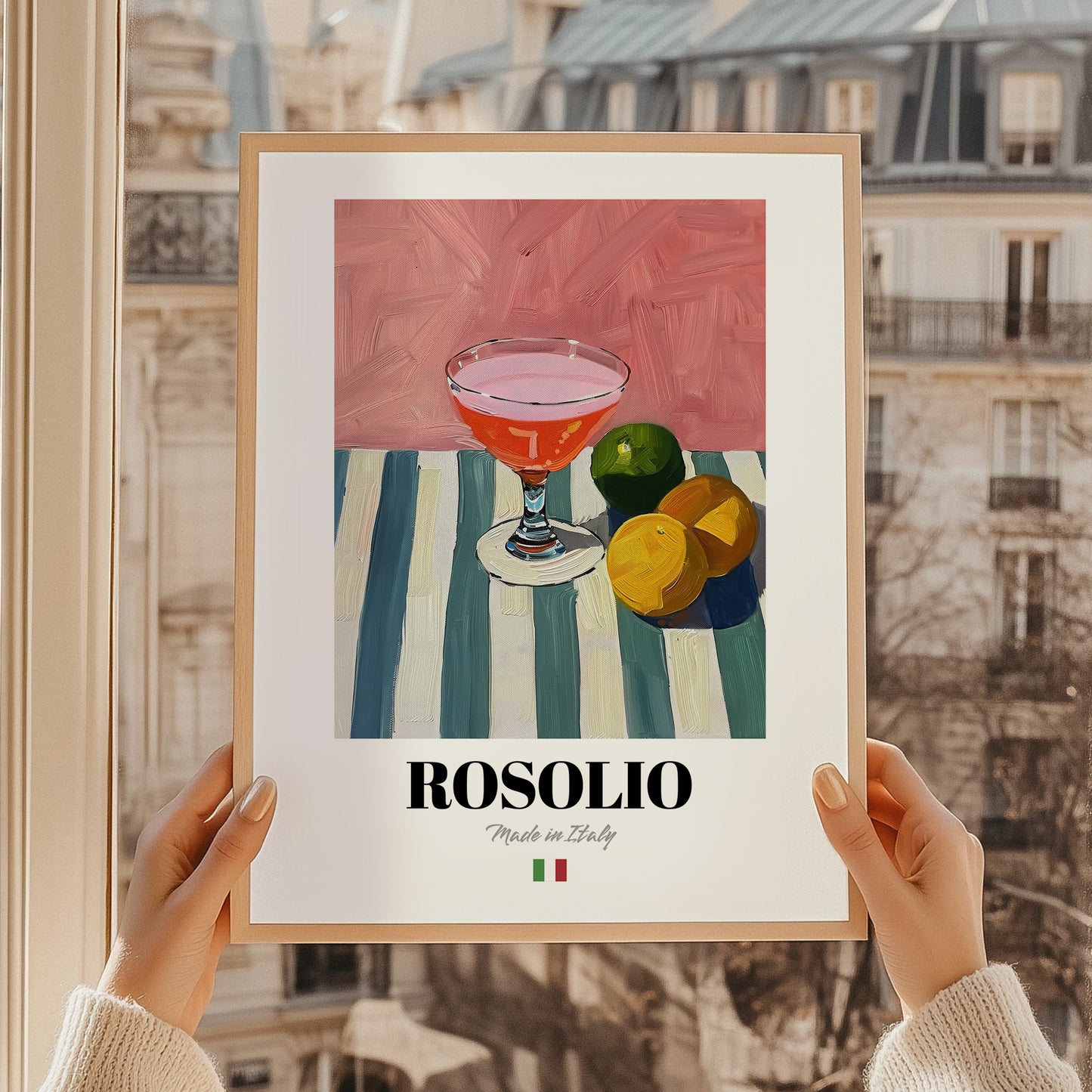 Rosolio – Italian Liqueur Drink, Rooftop Terrace Poster, styled in a charming Paris street view