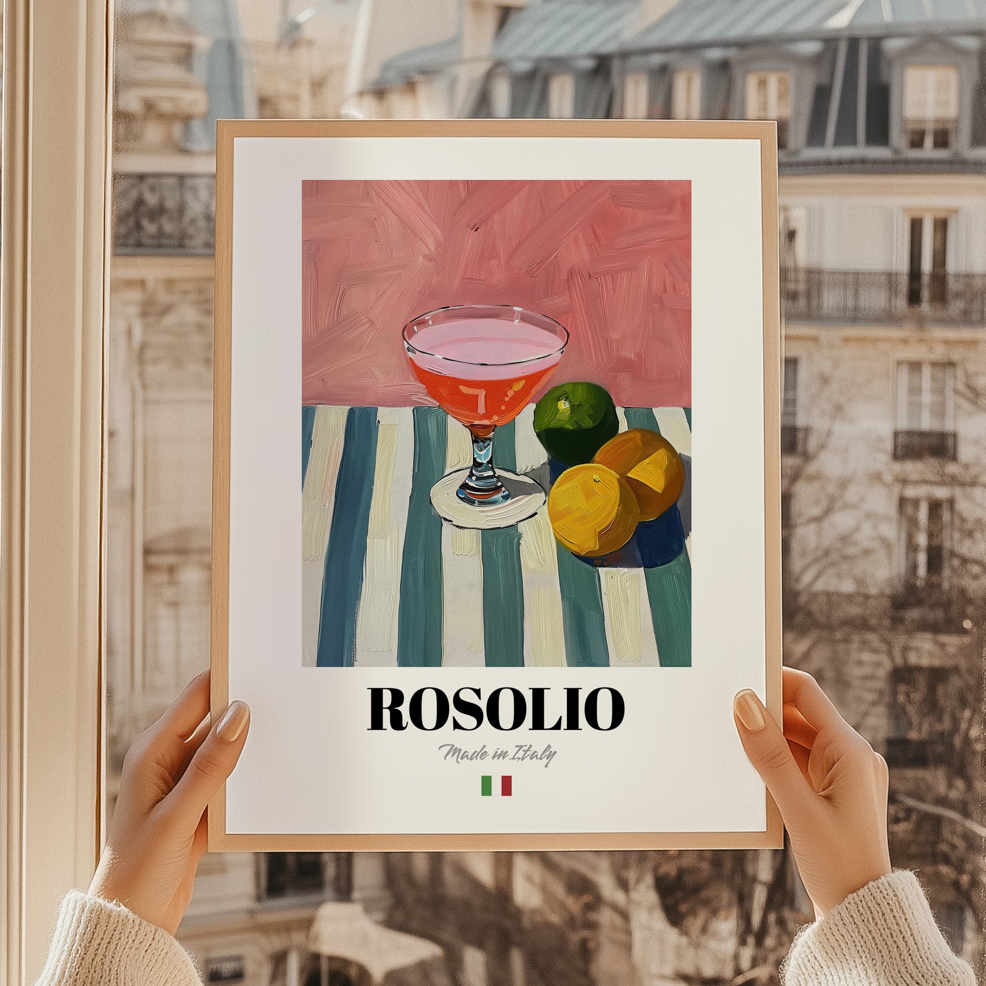 Rosolio – Italian Liqueur Drink, Rooftop Terrace Poster, styled in a charming Paris street view