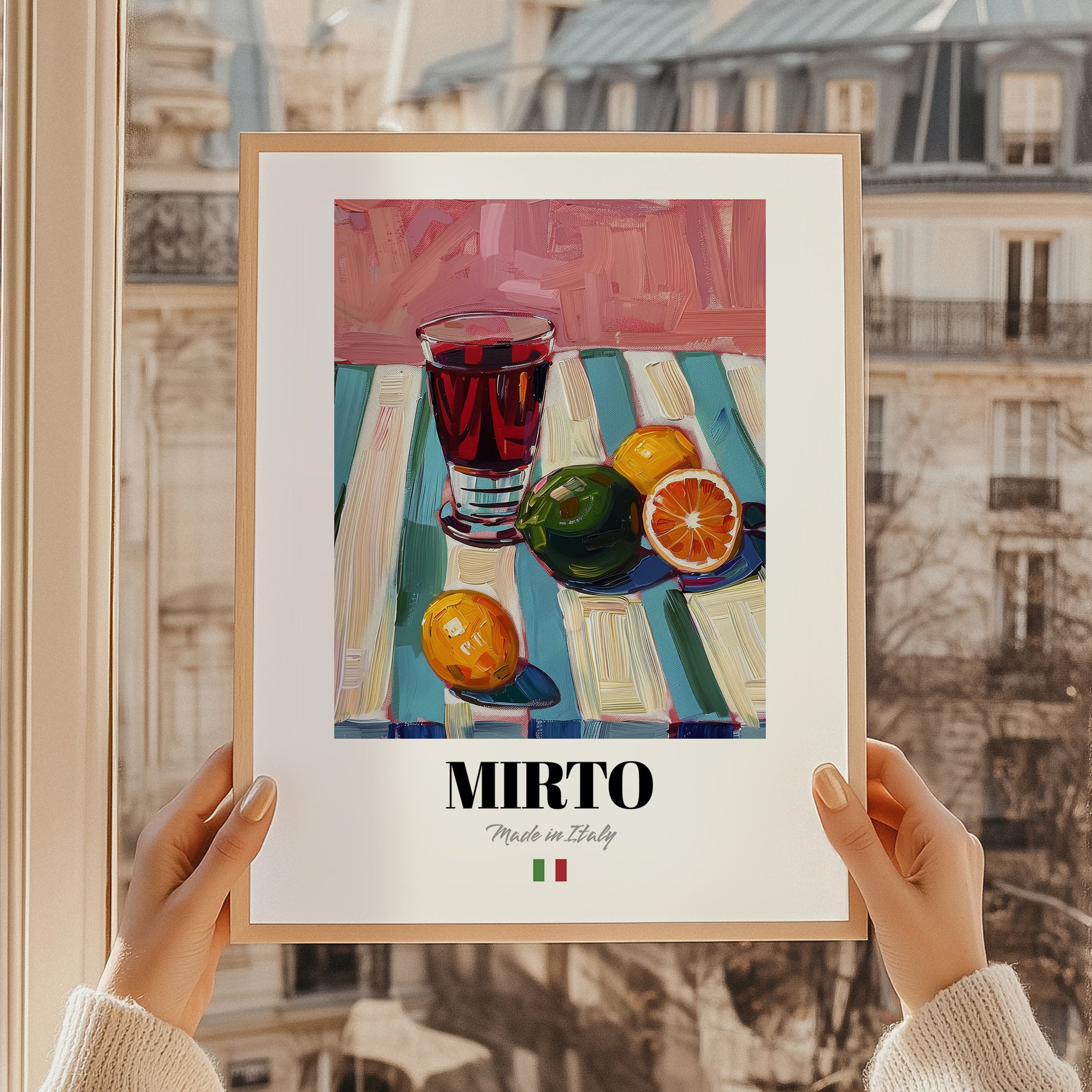 Mirto – Italian Liqueur Drink, Sky Bar Illustration, styled in a charming Paris street view