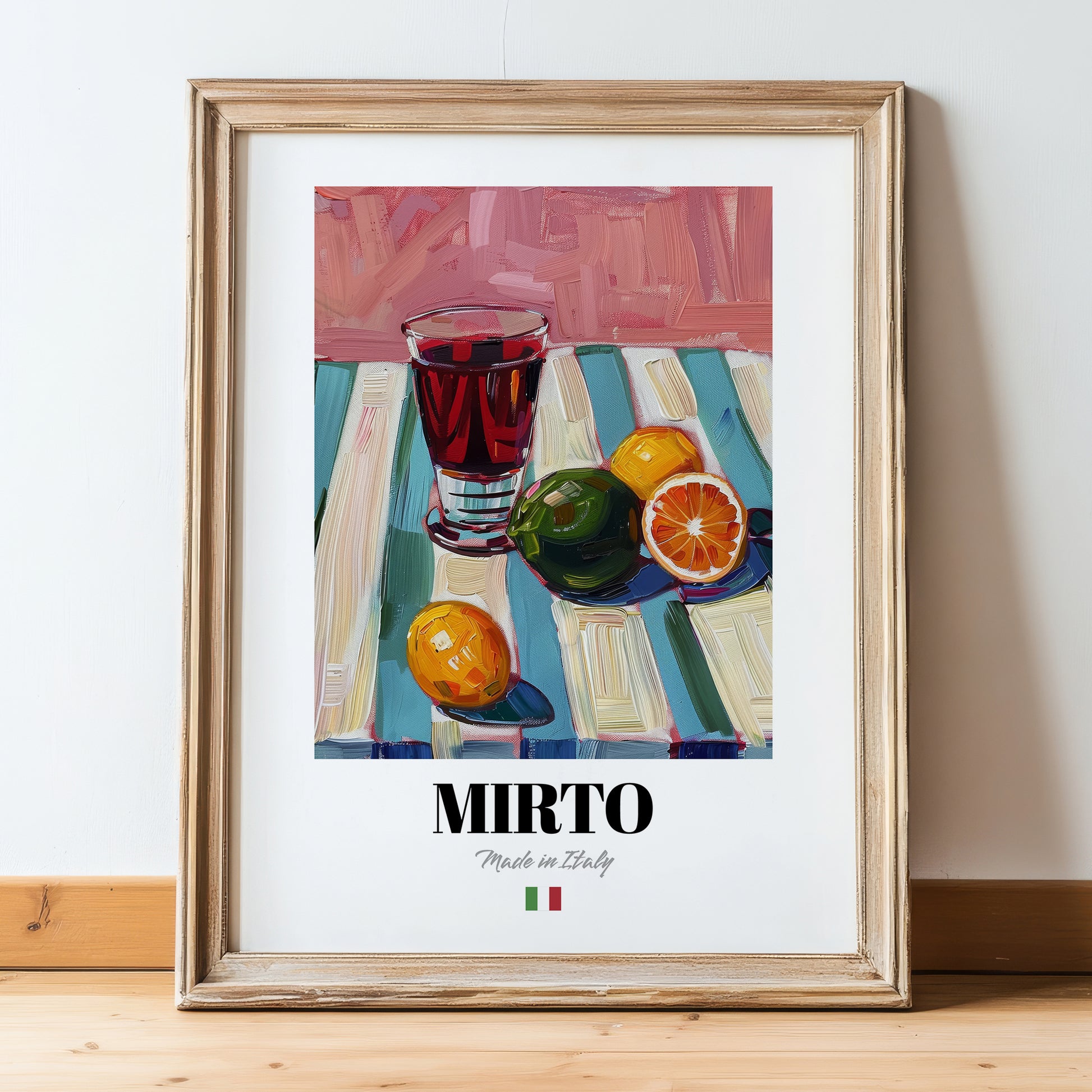 Mirto – Italian Liqueur Drink, Sky Bar Illustration, in wooden frame leaning on the floor