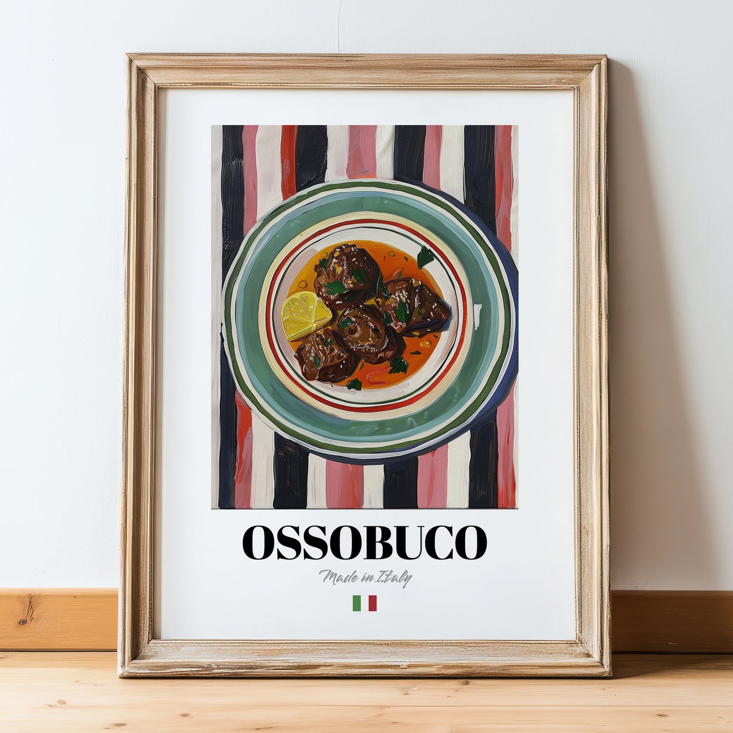 Ossobuco – Italian Stew Dish, Restaurant Poster, in wooden frame leaning on the floor