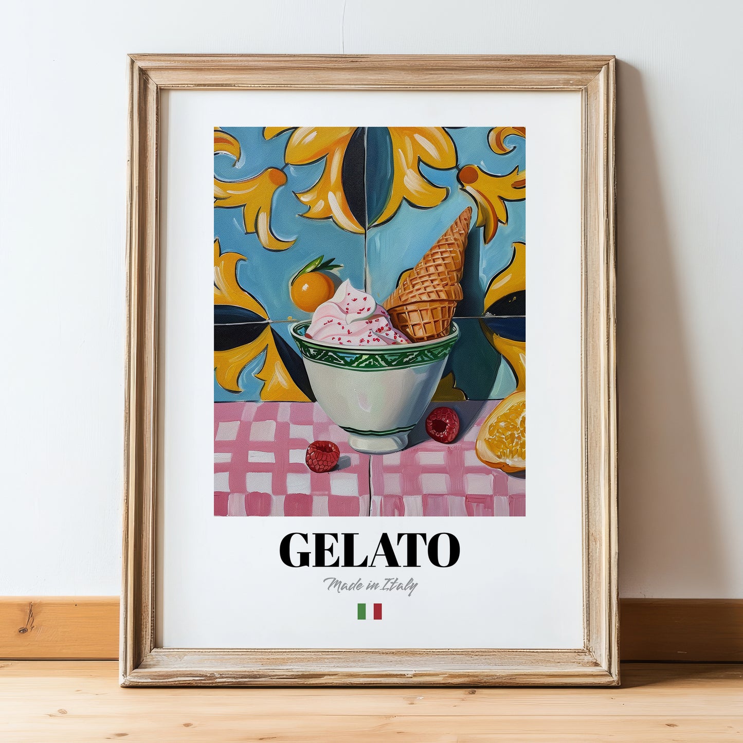 Gelato – Italian Ice Cream Gelato, Gelateria Art, in wooden frame leaning on the floor