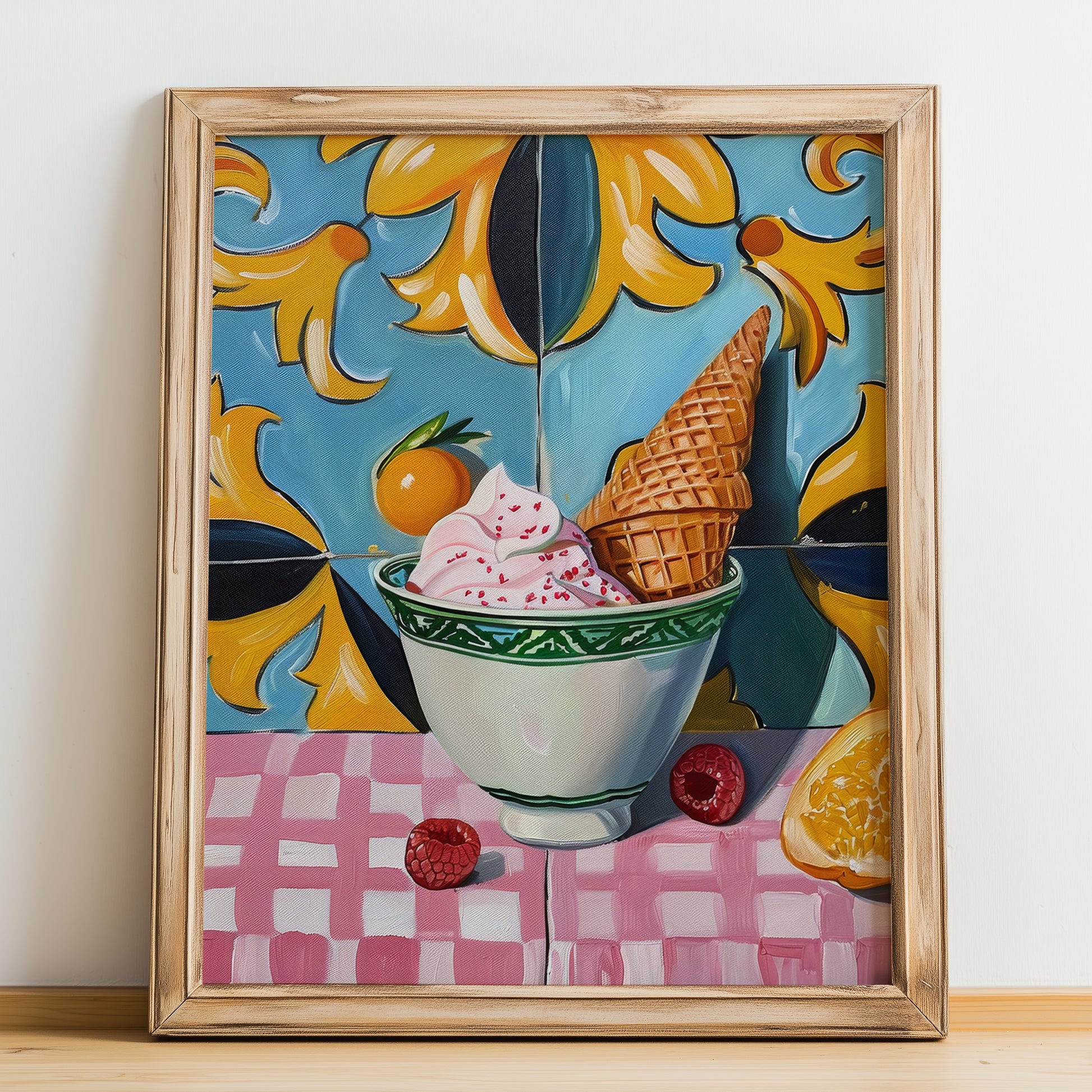 Gelato – Italian Ice Cream Gelato, Gelateria Art, no-text version framed in wood