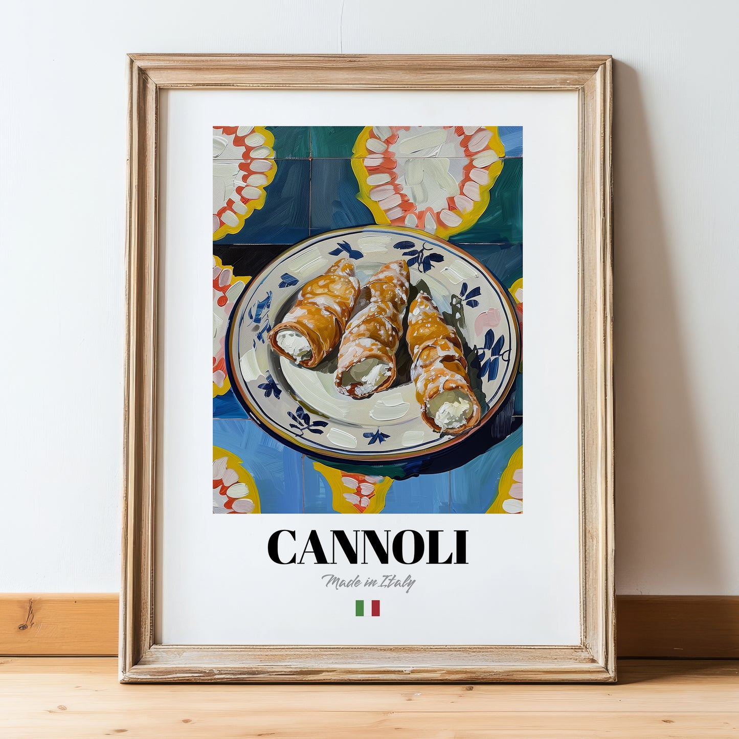 Cannoli – Italian Dessert Dish, Café Poster, in wooden frame leaning on the floor