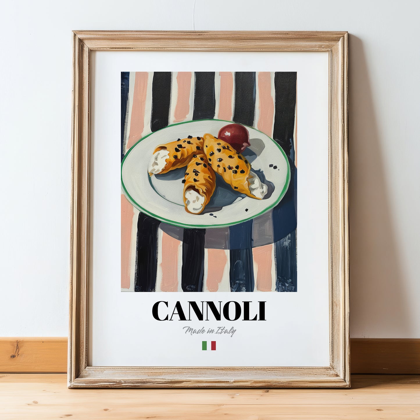 Cannoli – Italian Dessert Dish, Café Poster, in wooden frame leaning on the floor