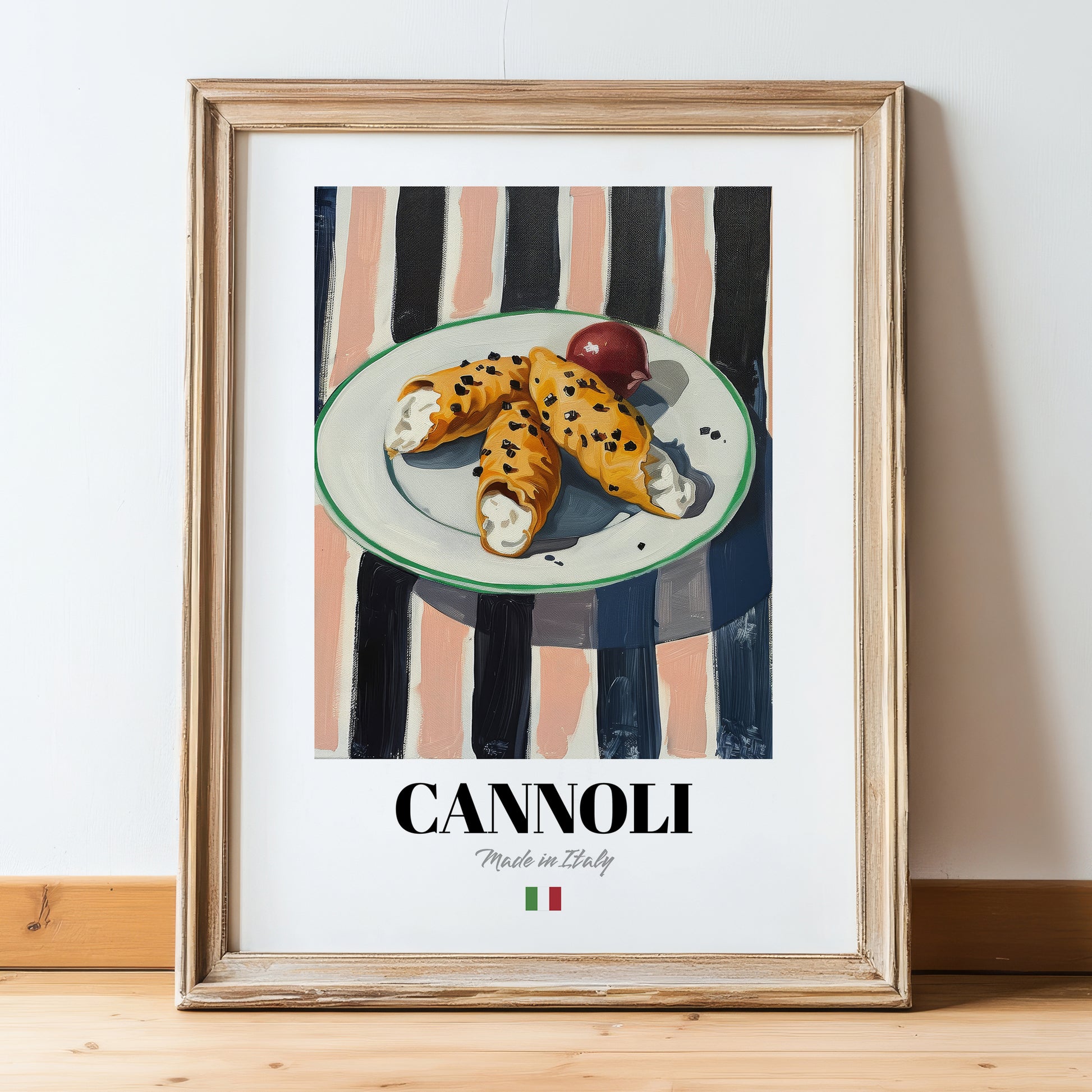 Cannoli – Italian Dessert Dish, Café Poster, in wooden frame leaning on the floor