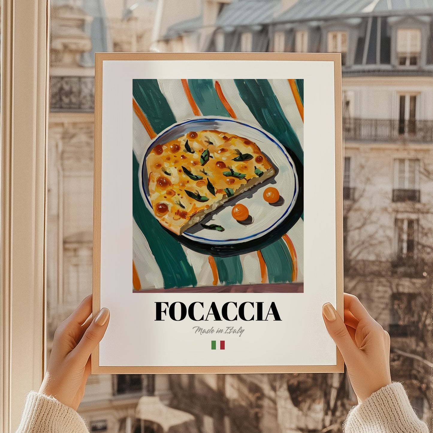 Focaccia – Italian Bread Dish, Food Bar Art, styled in a charming Paris street view