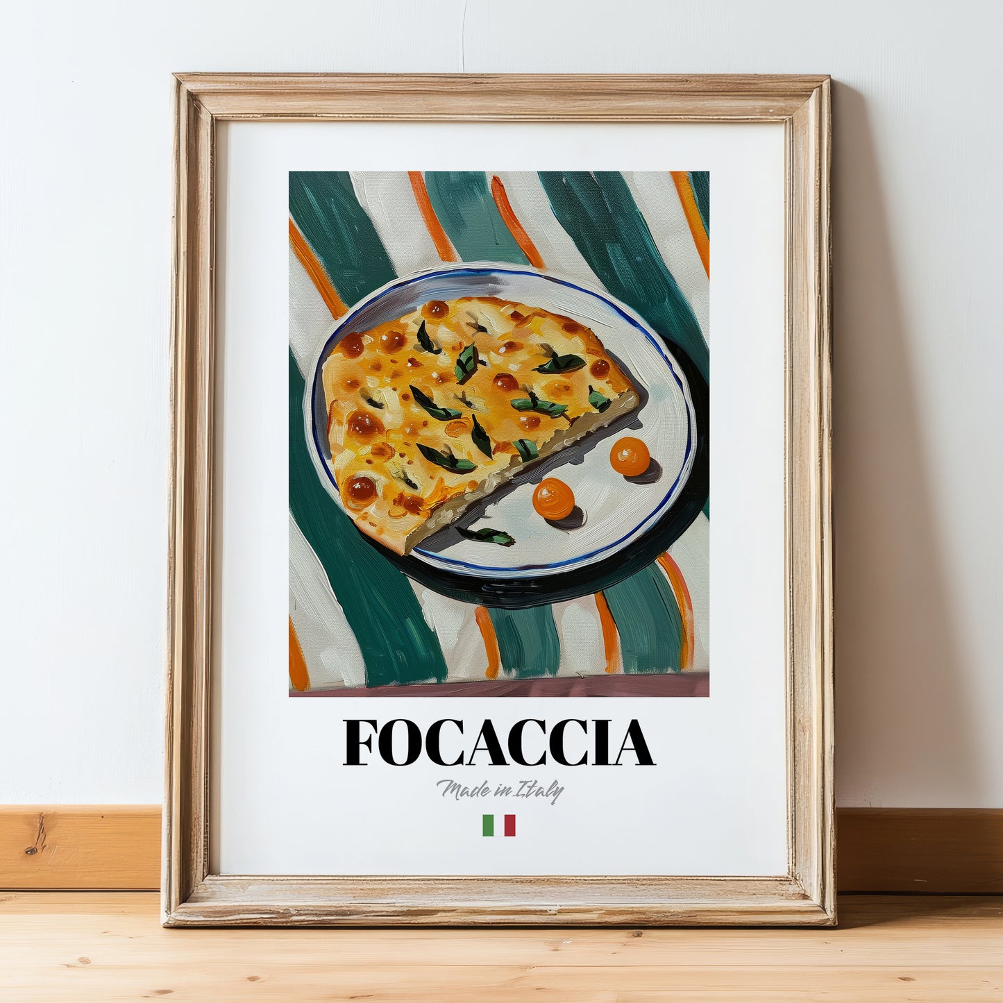 Focaccia – Italian Bread Dish, Food Bar Art, in wooden frame leaning on the floor