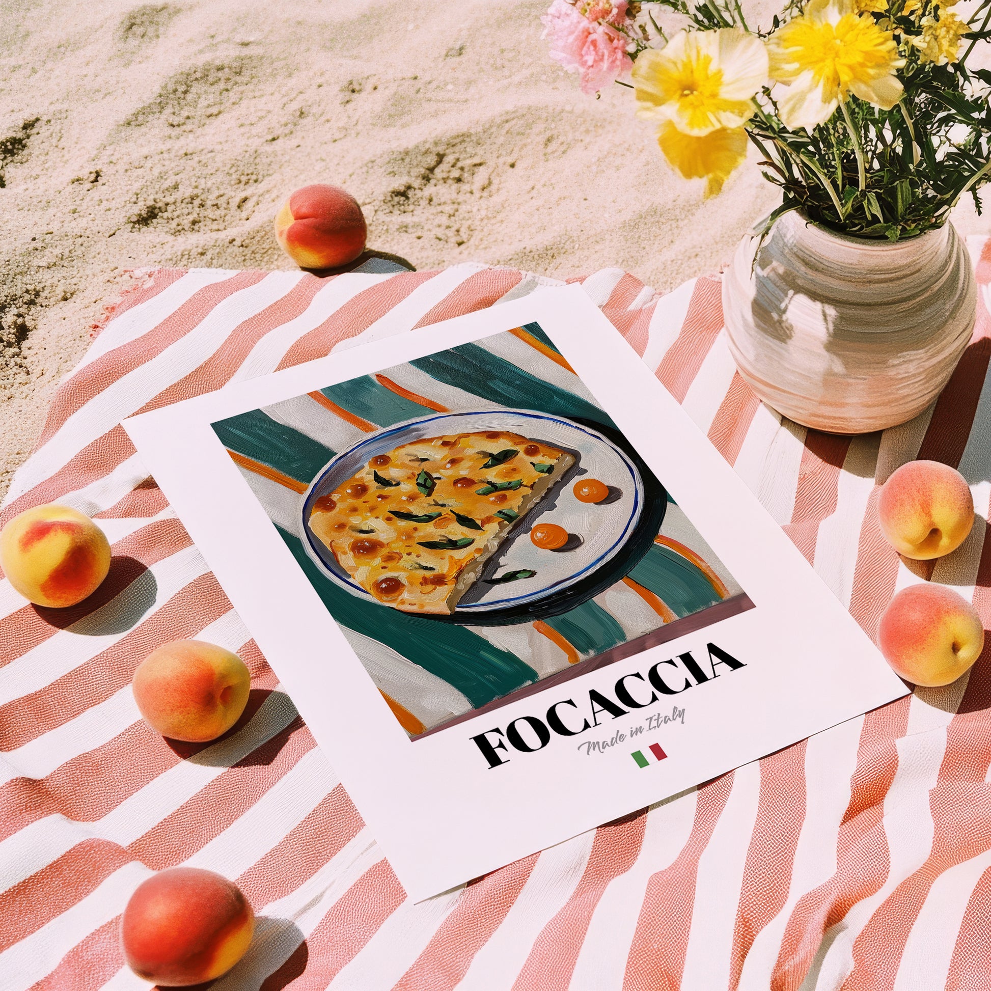 Focaccia – Italian Bread Dish, Food Bar Art, unframed on coastal sand