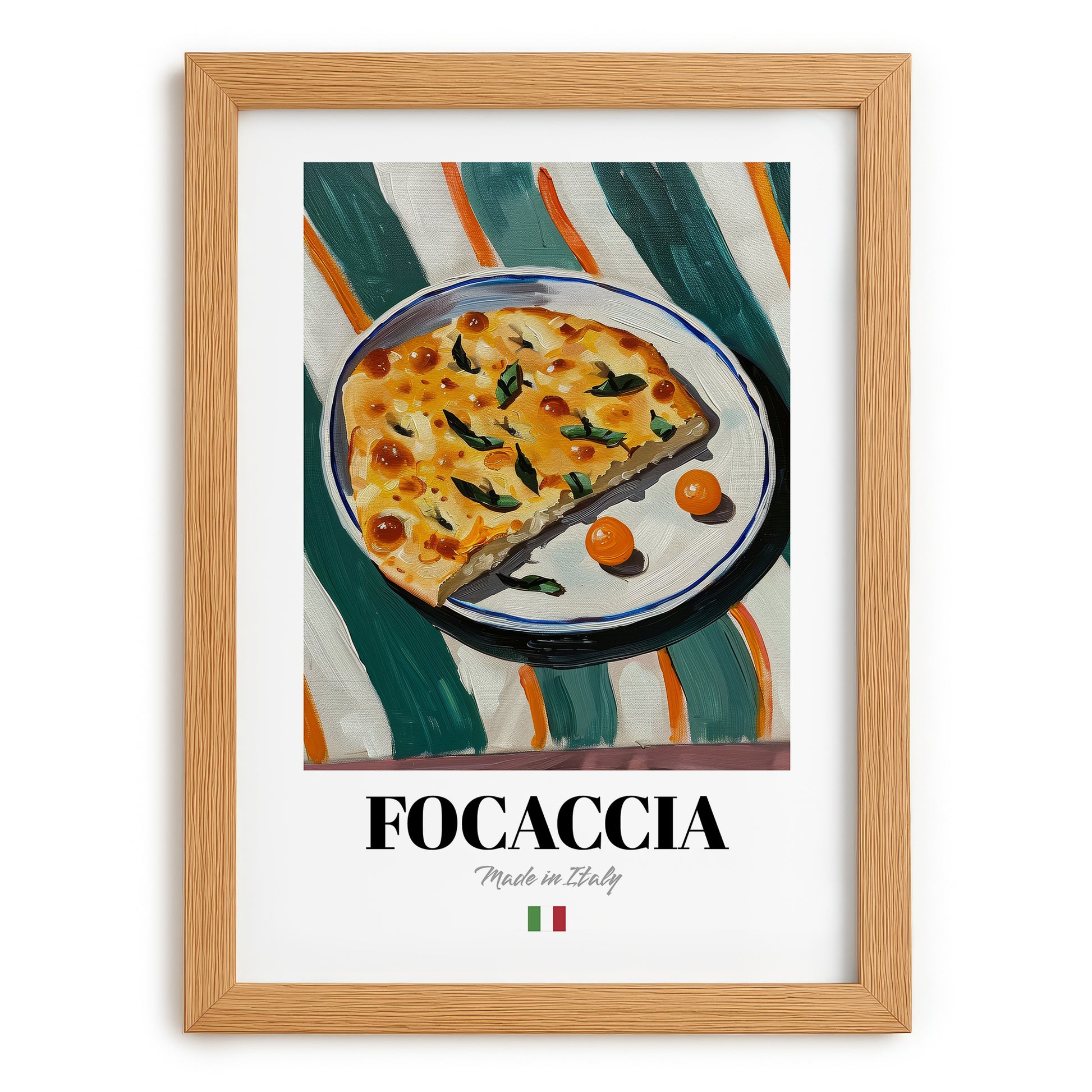 Focaccia – Italian Bread Dish, Food Bar Art, set in oak frame