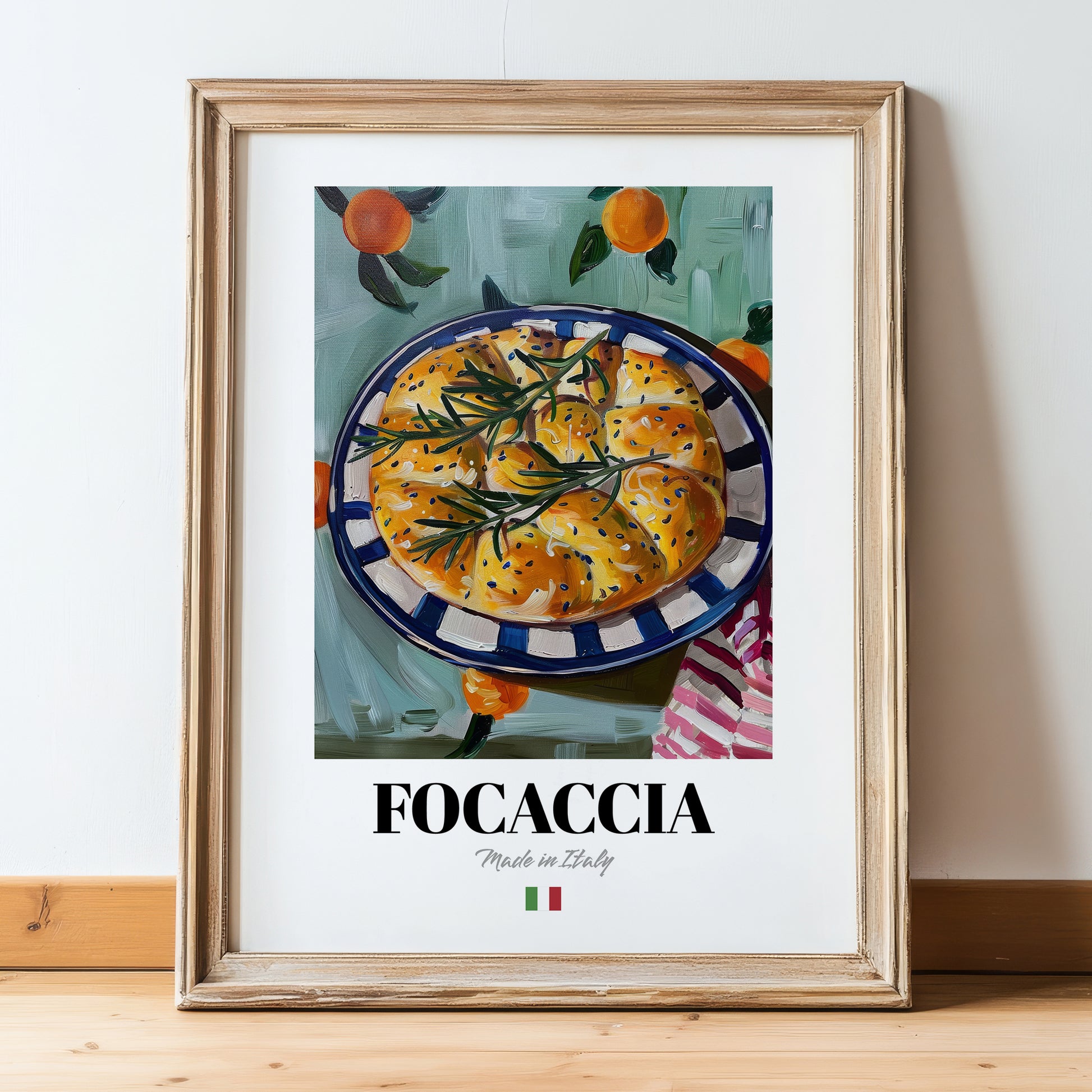 Focaccia – Italian Bread Dish, Café Poster, in wooden frame leaning on the floor