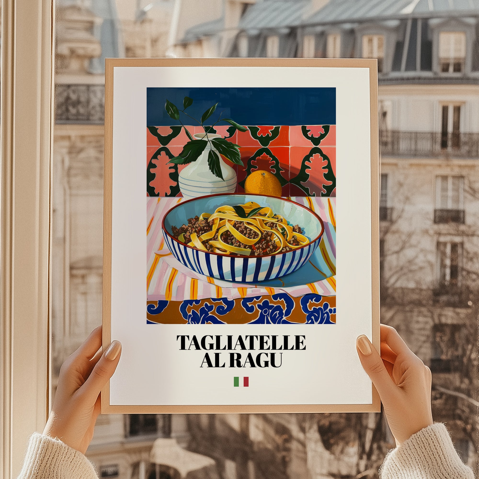Tagliatelle al Ragu – Italian Pasta, Trattoria Illustration, styled in a charming Paris street view