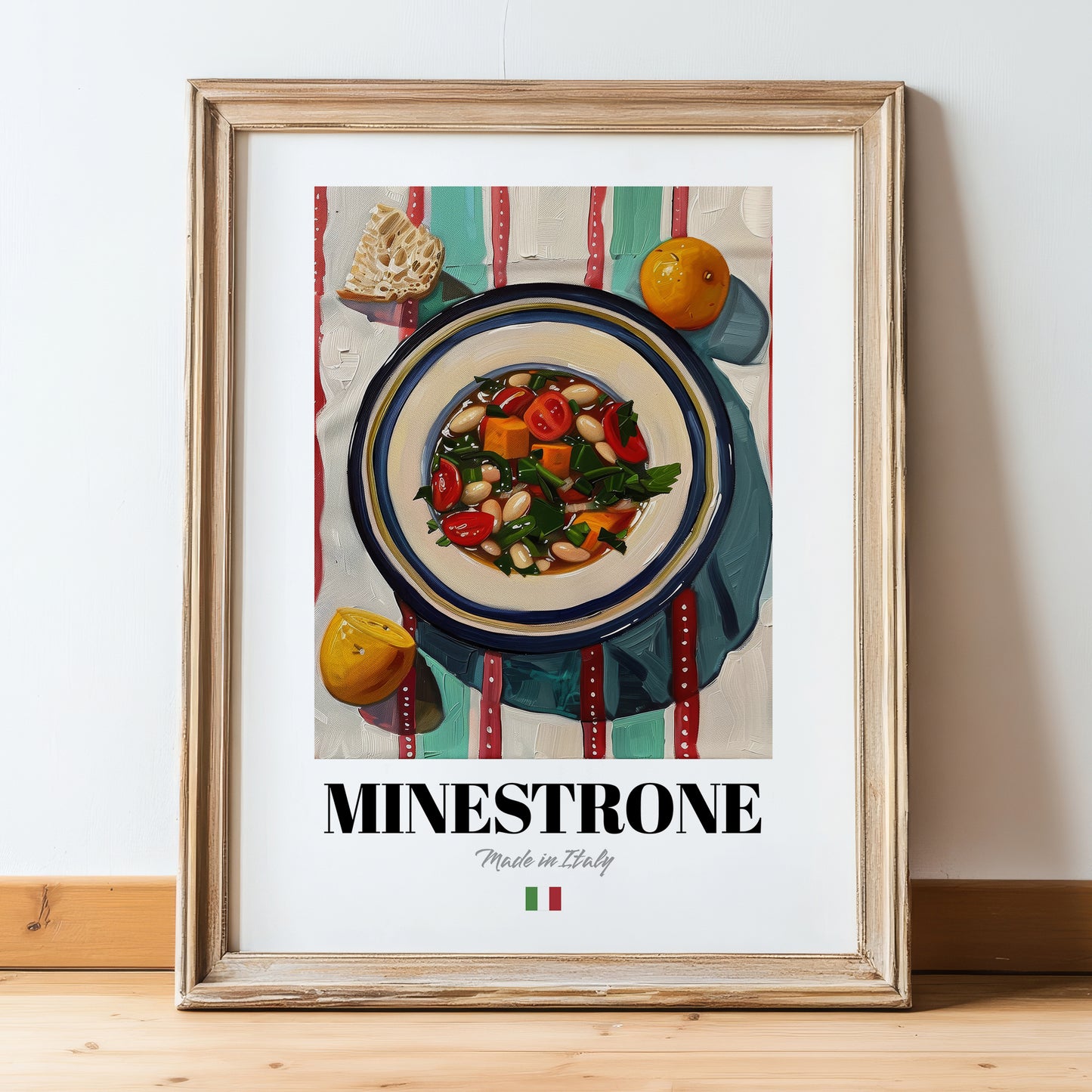 Minestrone – Italian Soup Dish, Café Still Life, in wooden frame leaning on the floor